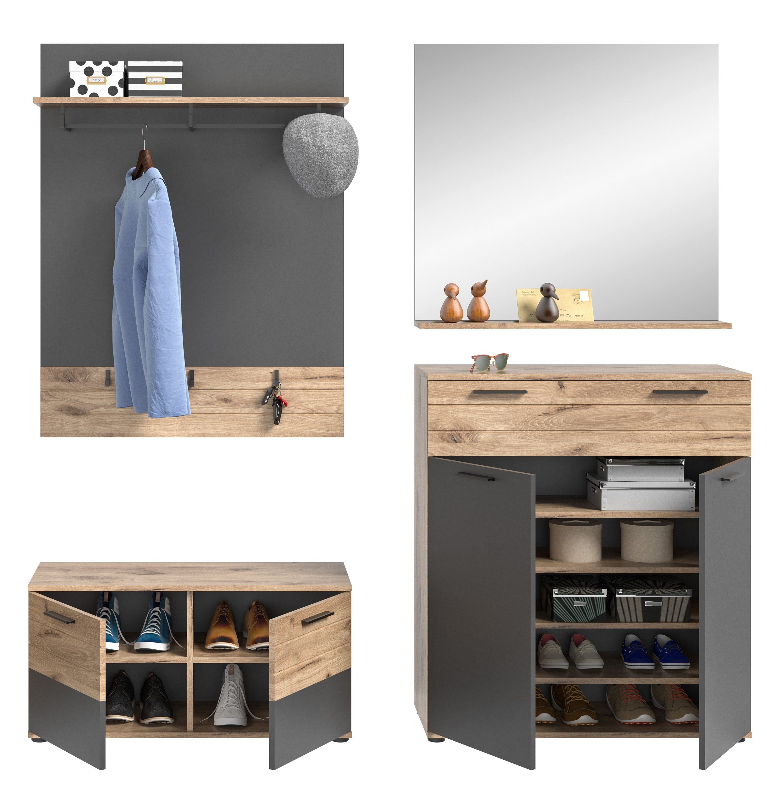 Newroom Garderoben-Set Eiche 200 cm, Garderoben-Set Basalt Grau Eiche Flurmöbel Garderobenschrank Indus...
