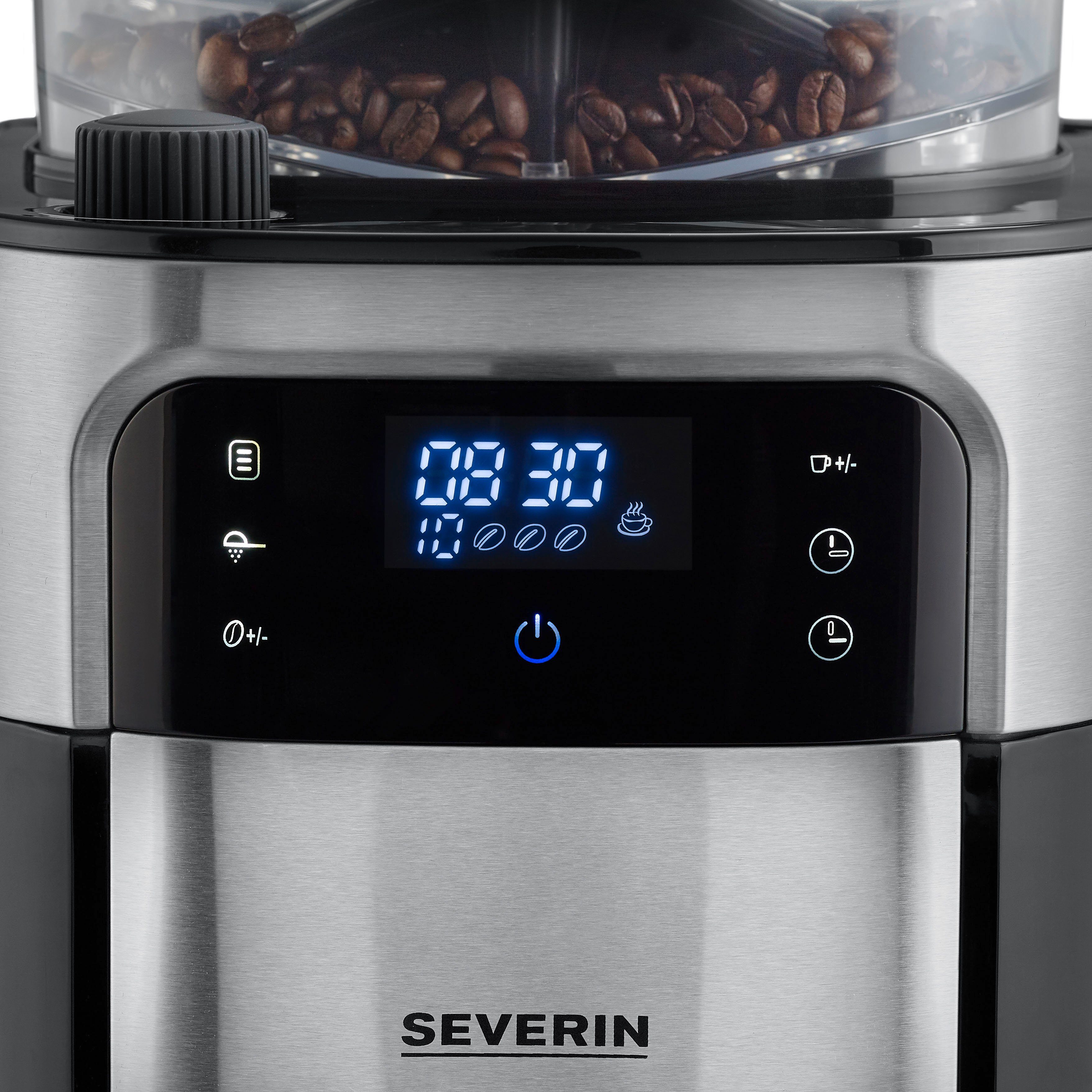 einstellbar, 1x4, Warmhalten: Severin mit 60 Mahlgrad Timer 1,25l Mahlwerk Kaffeemaschine bis 4813, Kaffeemenge und Permanentfilter KA Kaffeekanne, Min.,