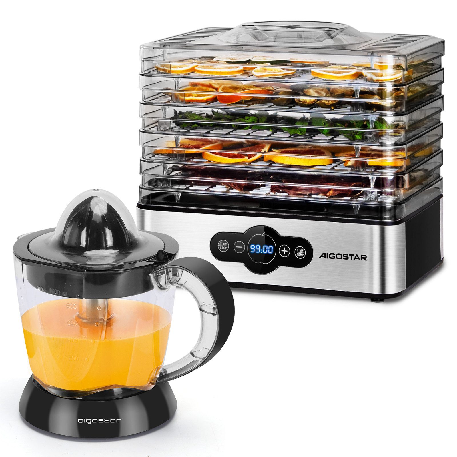 Aigostar Dörrautomat Dörrgerät mit Temperaturregler, 99h-Timer, 5 Einlegefächer, 35-70°C 240,00 W, 5 Etagen, LED-Anzeige, Edelstahl, Gemüse Fleisch, Kräuter, Rindfleisch, Pilze