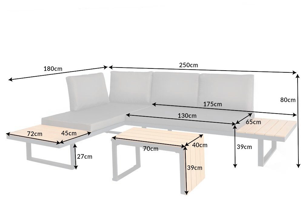 riess-ambiente Sitzgruppe IBIZA MODULAR LOUNGE 250cm anthrazit/grau/natur - Outdoor, wetterfest, (Set, 3-tlg., 2x Sitzelement, Tisch, 2x Sitzkissen, 4x Rückenkissen), pflegeleicht & abnehmbarer Bezug - ideal f. Garten, Balkon & Terrasse