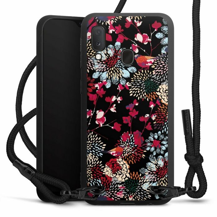DeinDesign Handyhülle Blumen Design Abstrakt Dark Kimono Samsung Galaxy A20e Premium Handykette Hülle mit Band Cover mit Kette