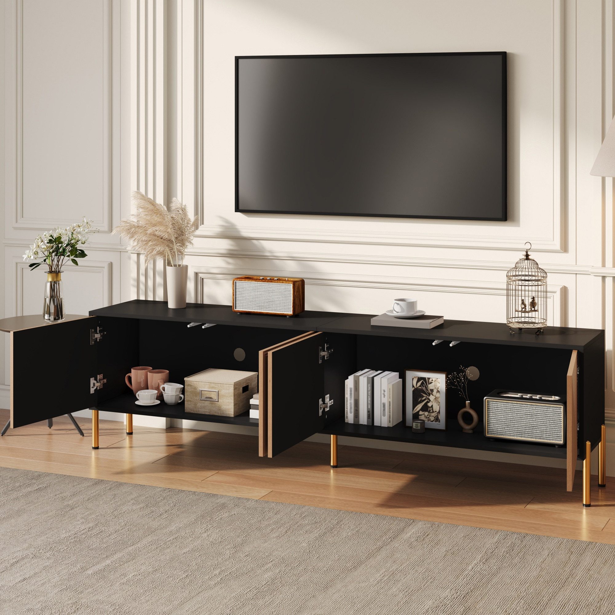 Merax Lowboard mit Farbblock in Schwarz und Gold (1 St., 179 × 35 × 53,5 cm), TV-Schrank mit Strukturfront, Schranktüren, 4 Fächern und Metallbeinen – Bild 3 von 5