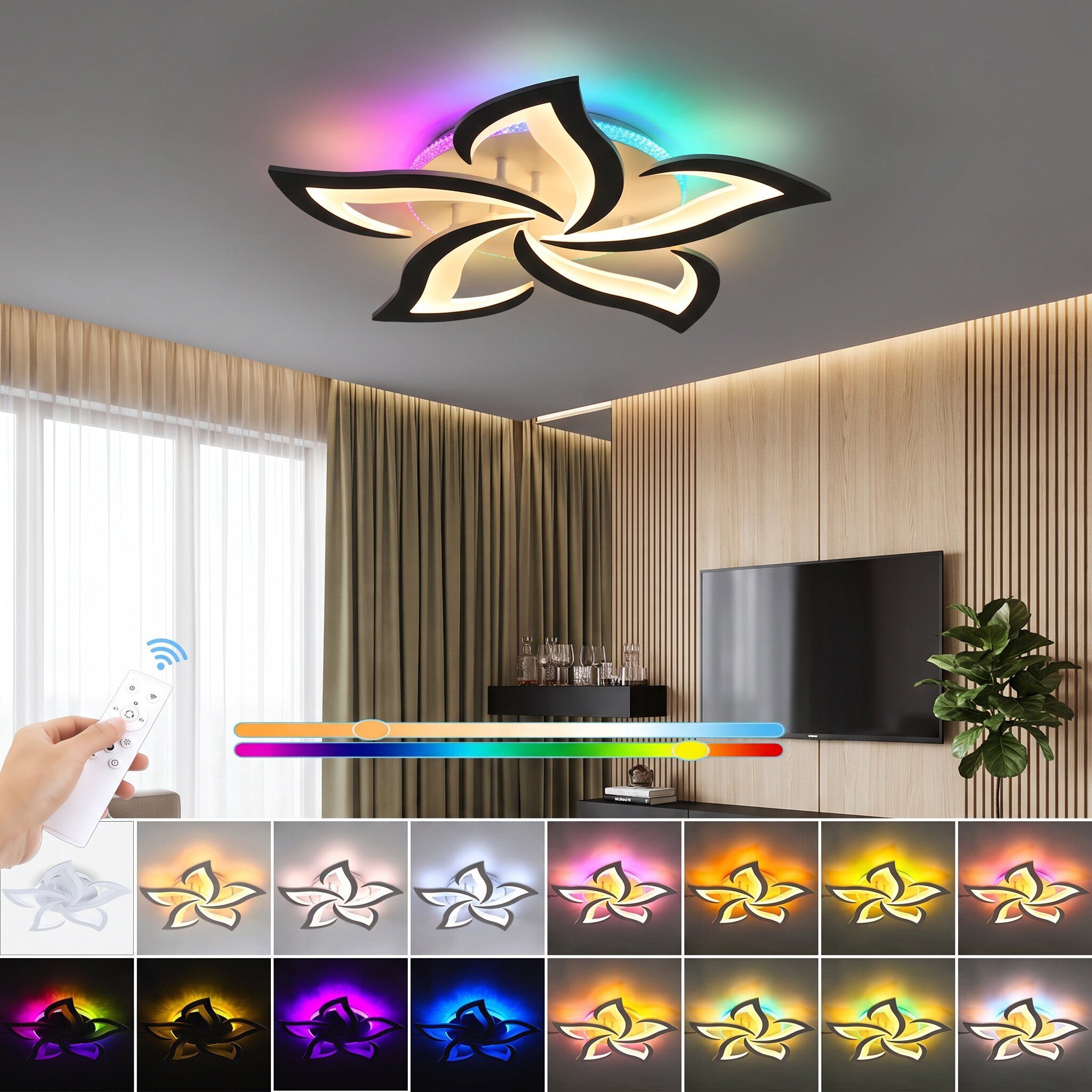 oyajia LED Deckenleuchte Deckenlampe Dimmbar mit Fernbedienung, RGB Hintergrundbeleuchtung Lamp, LED fest integriert, Kaltweiß, Naturweiß, Warmweiß, RGB Hintergrundbeleuchtung Farbwechsel, 55/90W Moderne Blumenform Deckenlampe für Wohnzimmer Schlafzimmer