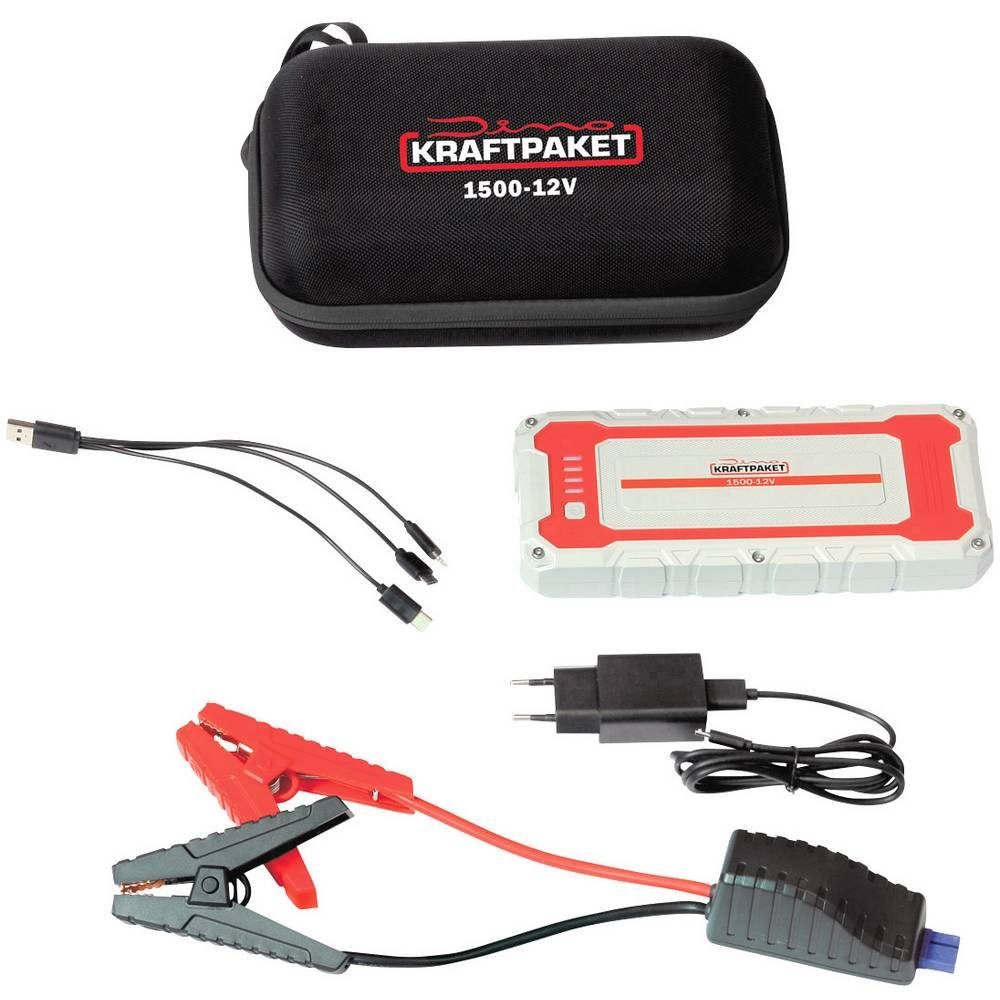 Dino KRAFTPAKET Starthilfegerät 12V-1500 Energiestation, Arbeitsleuchte, Elektronikschutz, Ladezustandsanzeige, SOS-Signalleuch