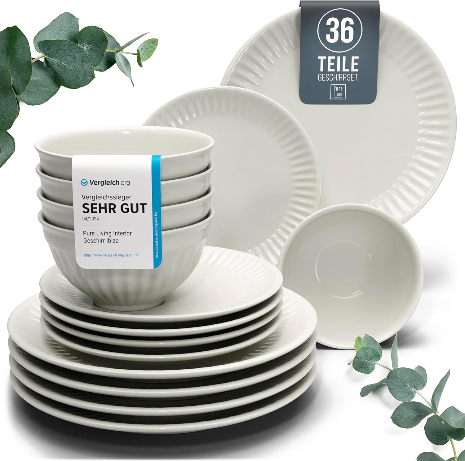 PURE LIVING INTERIOR DESIGN Geschirr-Set Pure Living »Hygge« (36-tlg), 12 Personen, Steingut Beige, 12 Personen, Steingut, Skandinavisches Design mit Riffelstruktur, Harmonische Farbgebung, Ma…