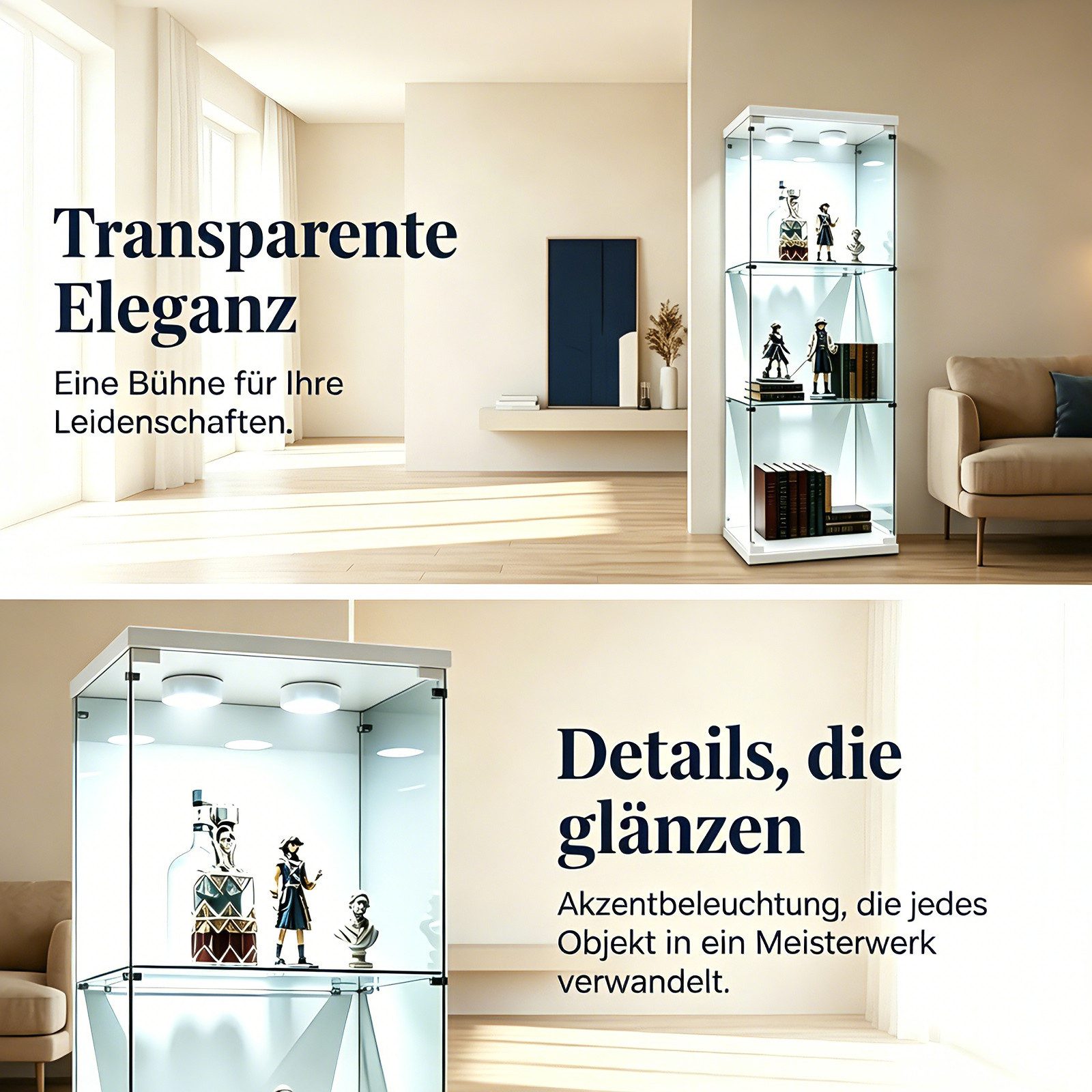 Simurq Glasvitrine mit LED Beleuchtung Standvitrine mit Glastür,Eckvitrine Glas (1-2 Packungen, Vitrinenschrank mit 1 türen,Schloss) Glas vitrine aus Gehärtetes Glas,Sammlervitrine Stehend
