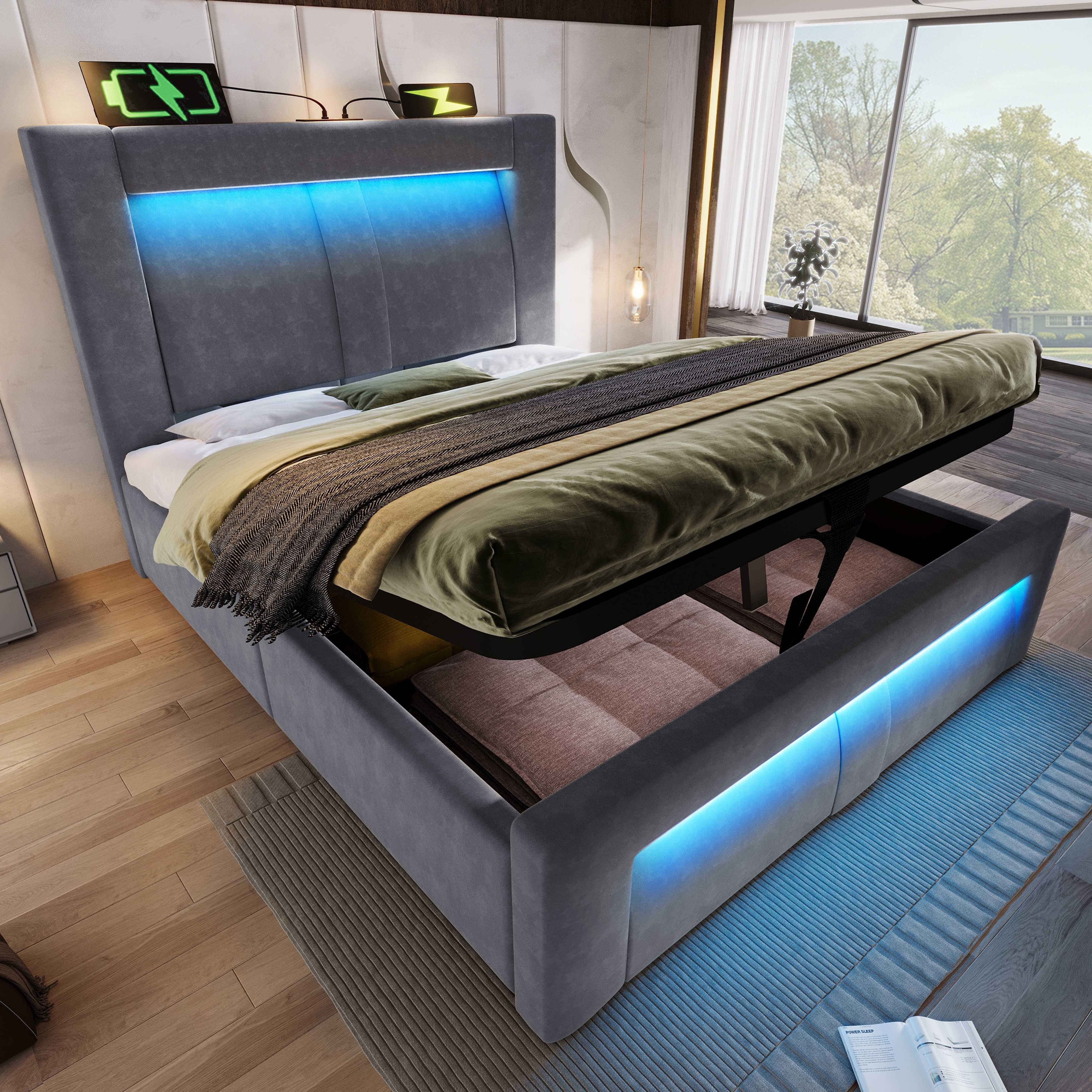 BlingBin Stauraumbett Einzelbett Doppelbett hydraulisches Bett (Modernes Polsterbett 90x200 cm, 1-tlg., mit LED Licht, USB Schnelllade- & Typ-C-Anschluss), mit Lattenrost, stabiles Bettgestell aus Metall und Holz
