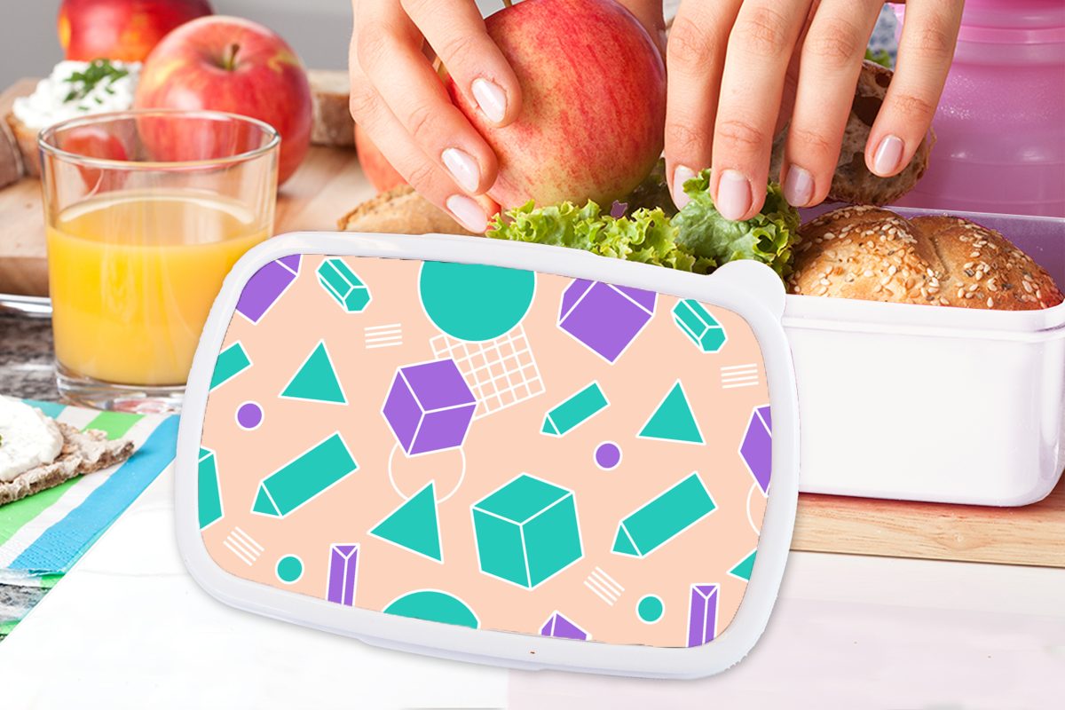 Erwachsene, Kunststoff, Brotbox Jungs Lunchbox weiß MuchoWow und Brotdose, Vintage für (2-tlg), Blöcke, für - - Mädchen Muster Kinder und