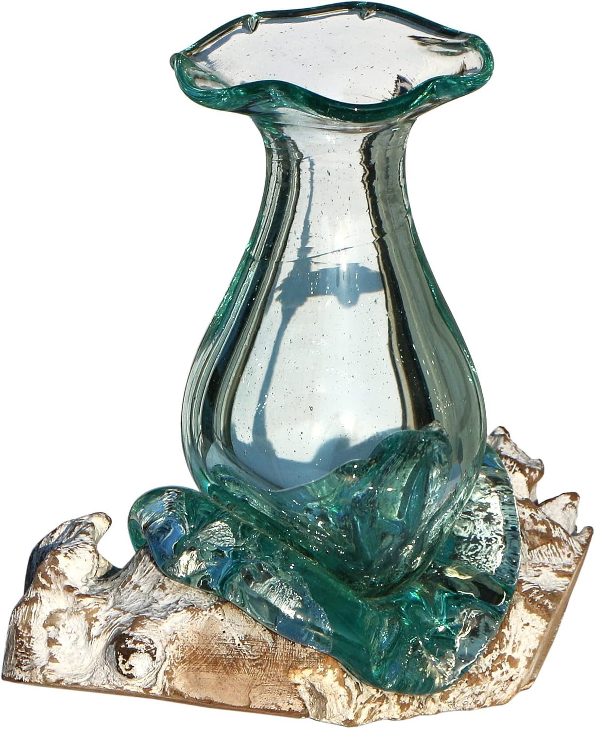 Wogeka Dekovase Glas-Vase Athena auf weißem Wurzelholz Kanne Teakholz Gamal Bali Vase