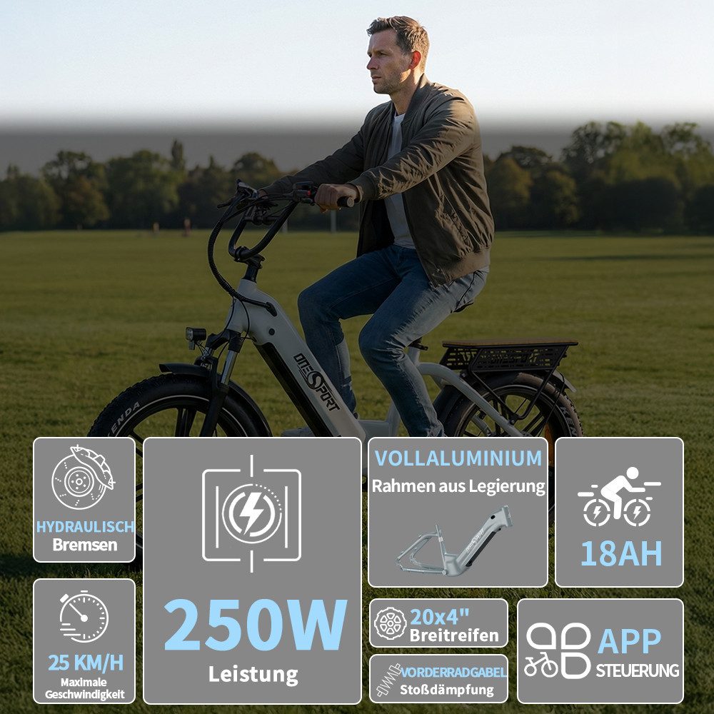 Onesport E-Bike Cityrad OT08 herren Elektrofahrrad 20× 4.0 Zoll 18AH 48V 864WH damen, 7 Gang Shimano, Kettenschaltung (Shimano 7-Gang), Heckmotor, 864 Wh, Cityrad 7 Gang Shimano, hydraulischen Scheibenbremse, Kettenschaltung
