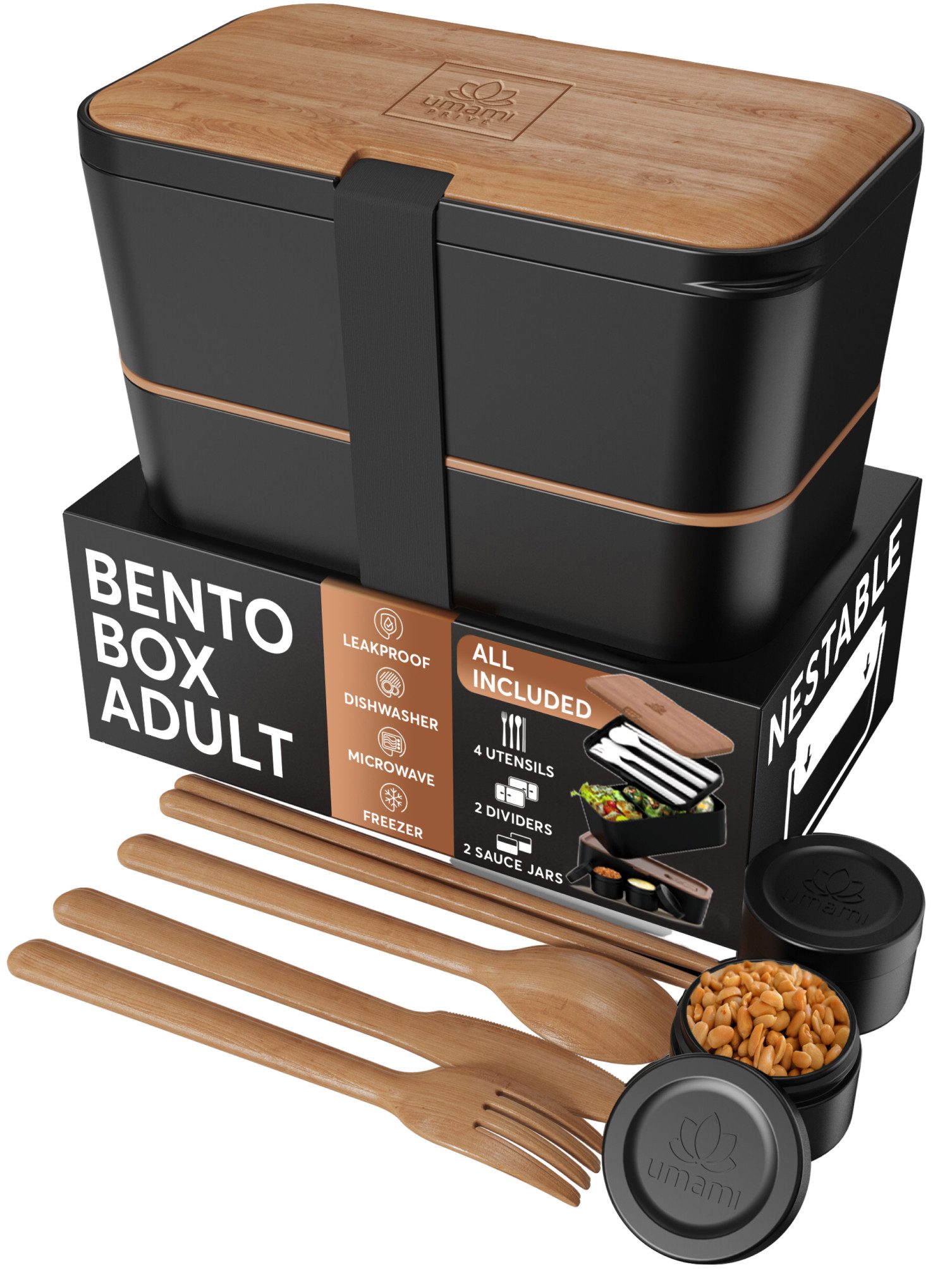 Lunchbox Bento für Erwachsene mit Besteck und 2 Saucenbehältern