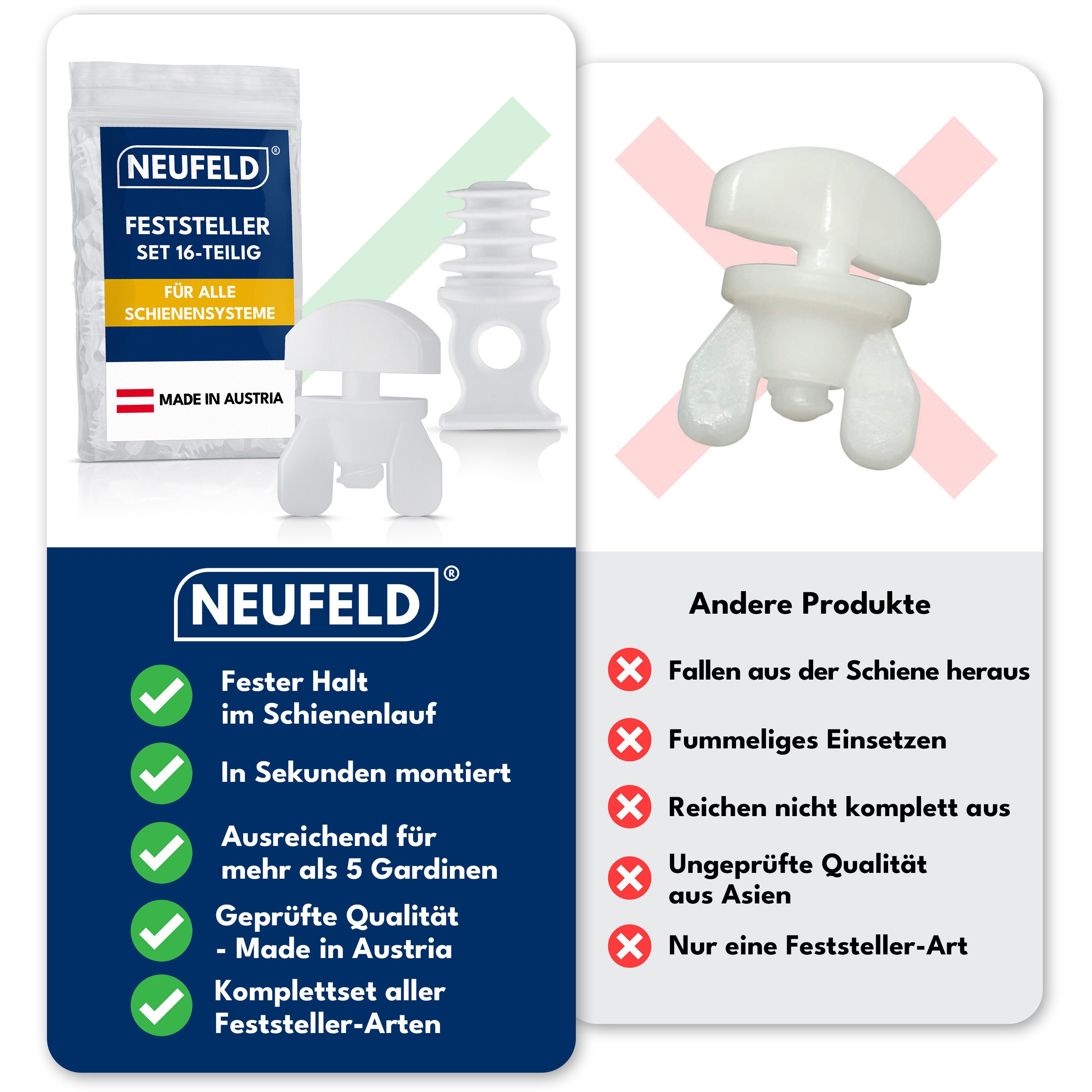 NEUFELD Feststeller Gardinenstopper 16 Stück I Zwischen- & Endfeststeller