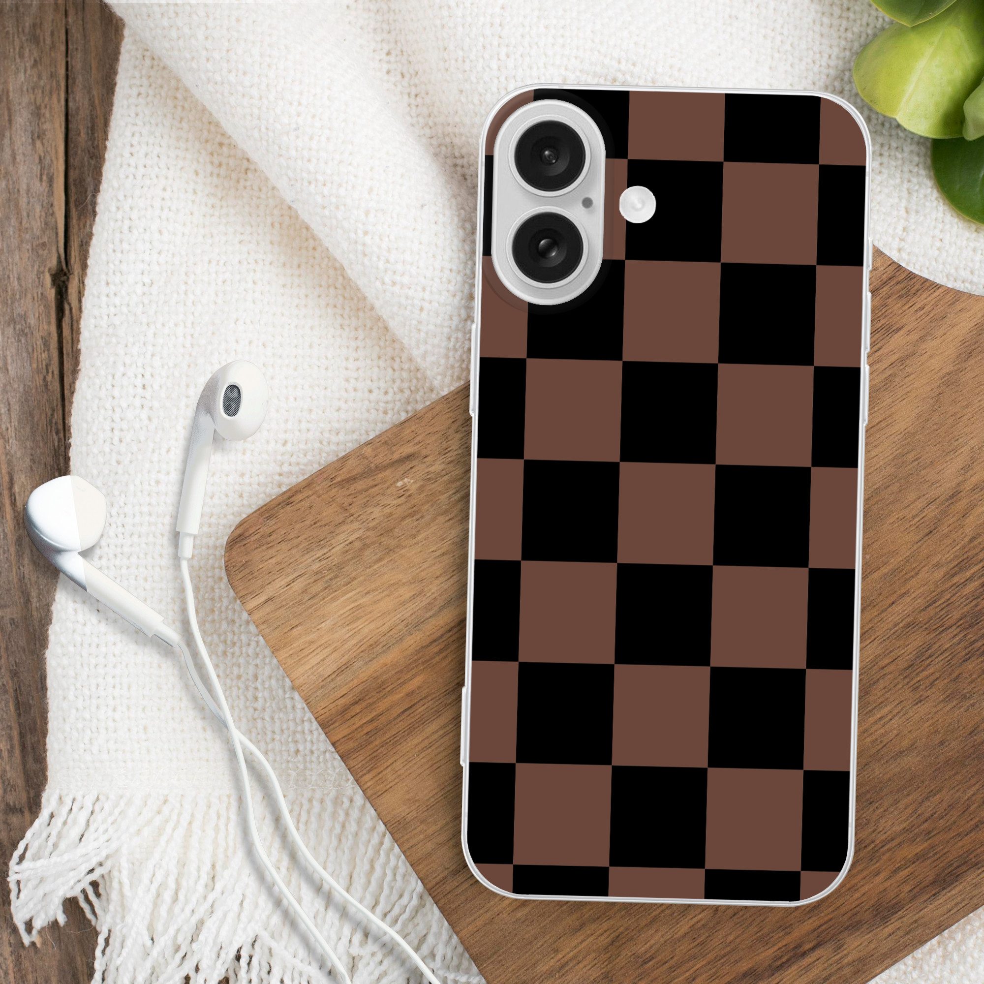 MuchoWow Handyhülle für Apple iPhone 16 Schachbrettmuster - Braun - Schwarz - Blöcke, Smartphone-Bumper, Print, Handy Schutzhülle Dünn