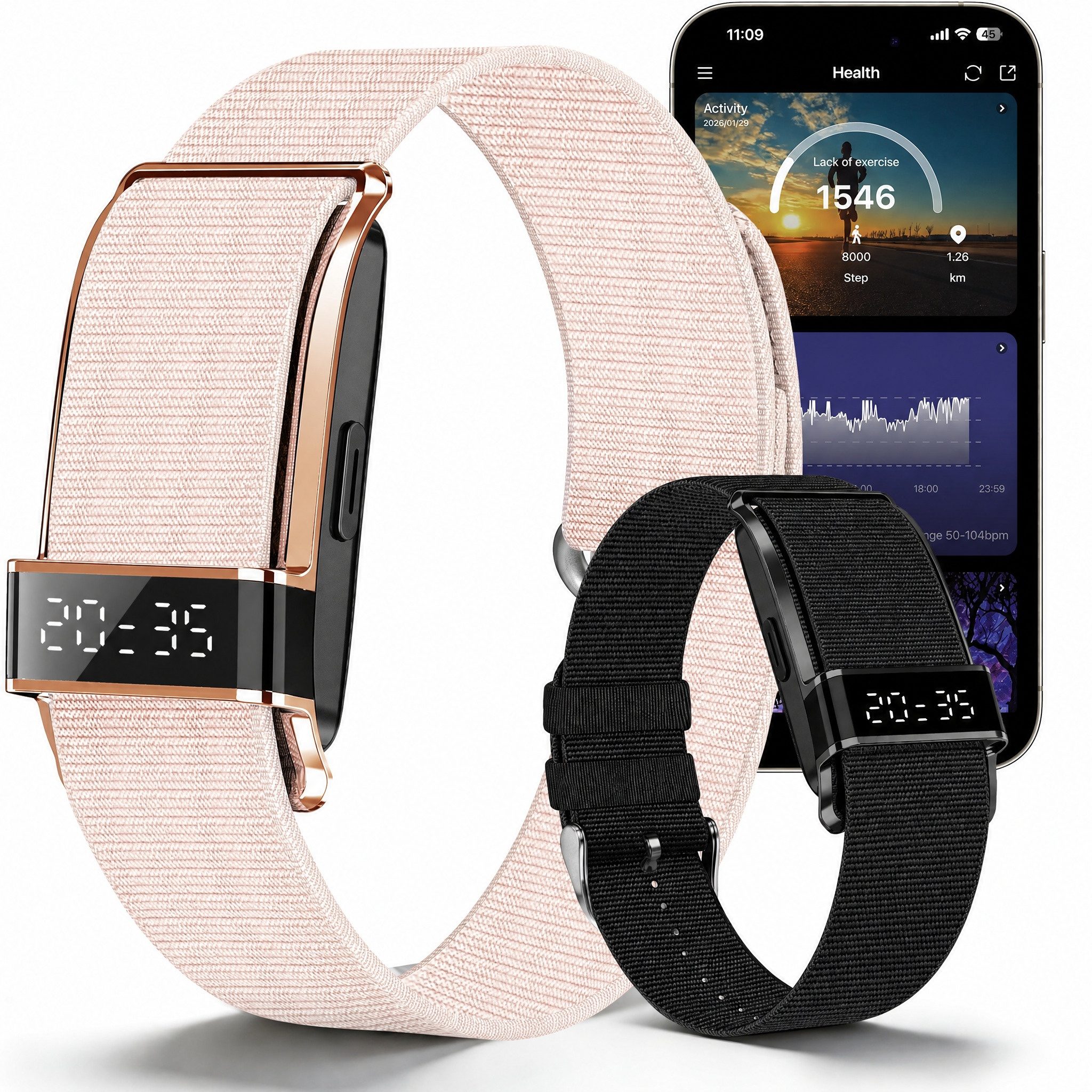 Blossom Fitness-Tracker Damen Herren Smart Band Fitness Armband 1.1” AMOLED Display Smartwatch (Herzfrequenz, SpO2, Schlafanalyse Stressmessung, HRV, Zyklus-Tracking), 25 Sportmodi, Bluetooth 5.2 für Android & iOS, IP68 Wasserdicht