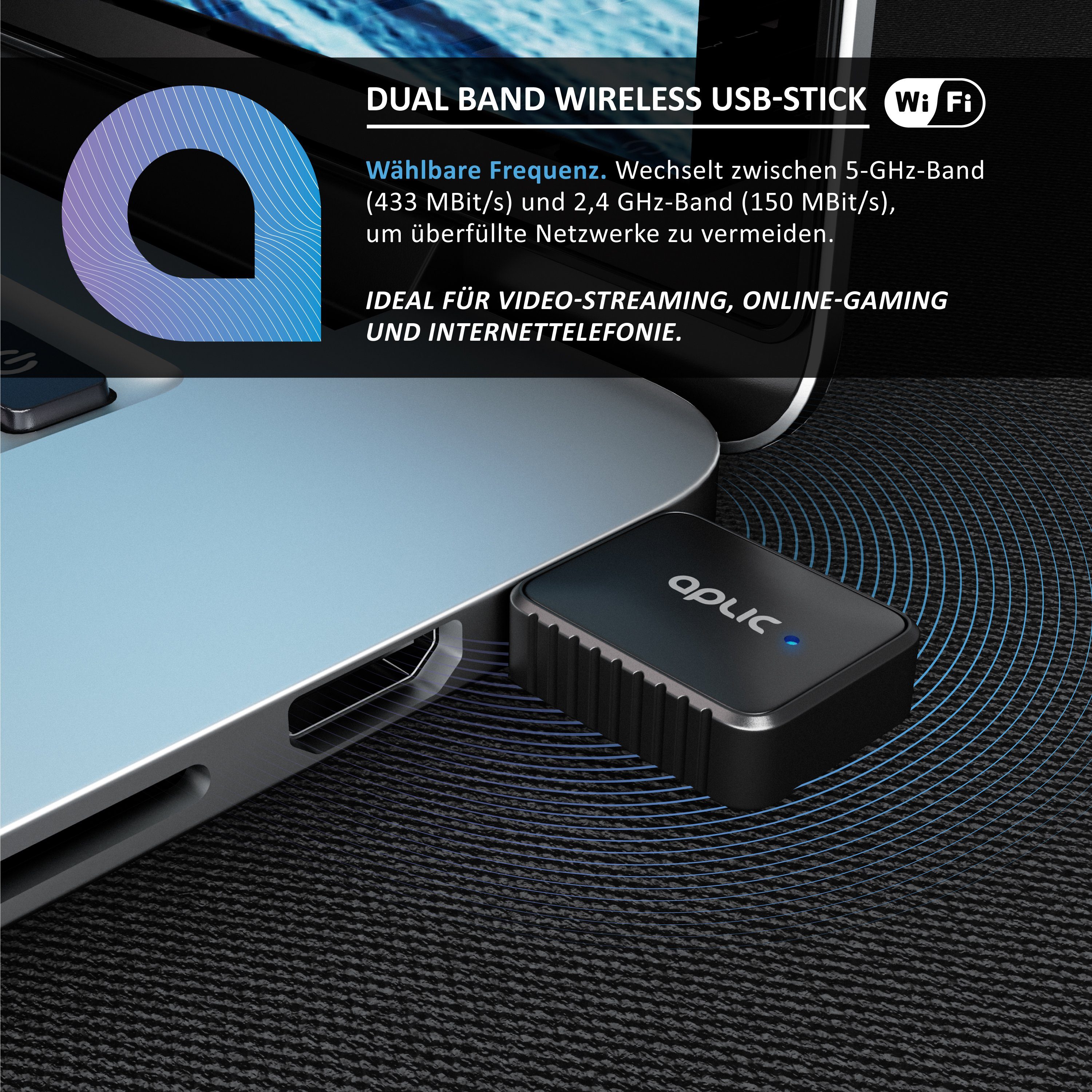 Aplic WLAN-Dongle WiFi Stick Dual Band 600 MBit/s 2,4 GHz + 5 GHz / 802.11 ac/n/g/b/h, schnelles WLAN für PC und Notebook, einfache Installation – Bild 4 von 5