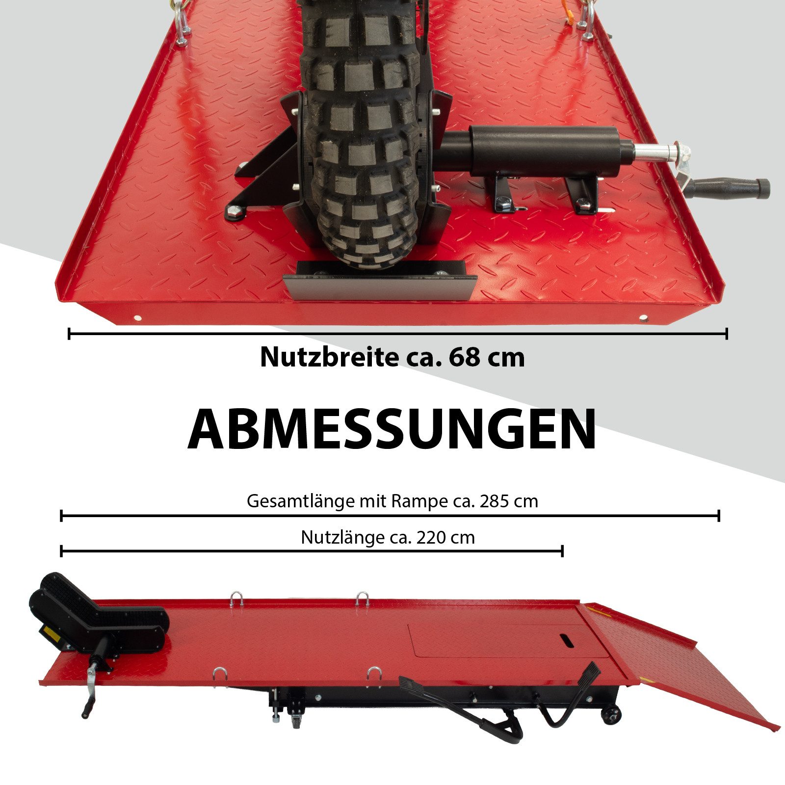 TRUTZHOLM Hydraulikheber Motorradhebebühne hydraulisch 450 kg Extra-Breit 68 cm Parallelhub, Extra-Breit, stufenloses Heben und Senken, abnehmbare Rampe