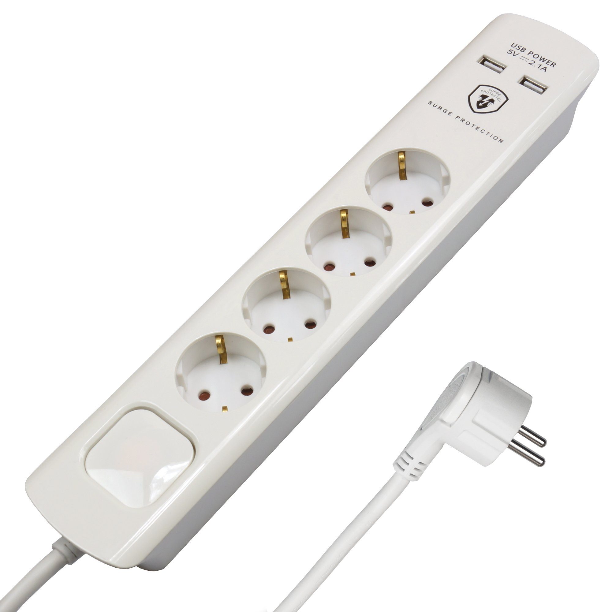 FeinTech Mehrfachsteckdose 4-fach (Ein- / Ausschalter, USB-Anschlüsse, Schalterbeleuchtung, Überspannungschutz, Kabellänge 3.0 m), Flachstecker