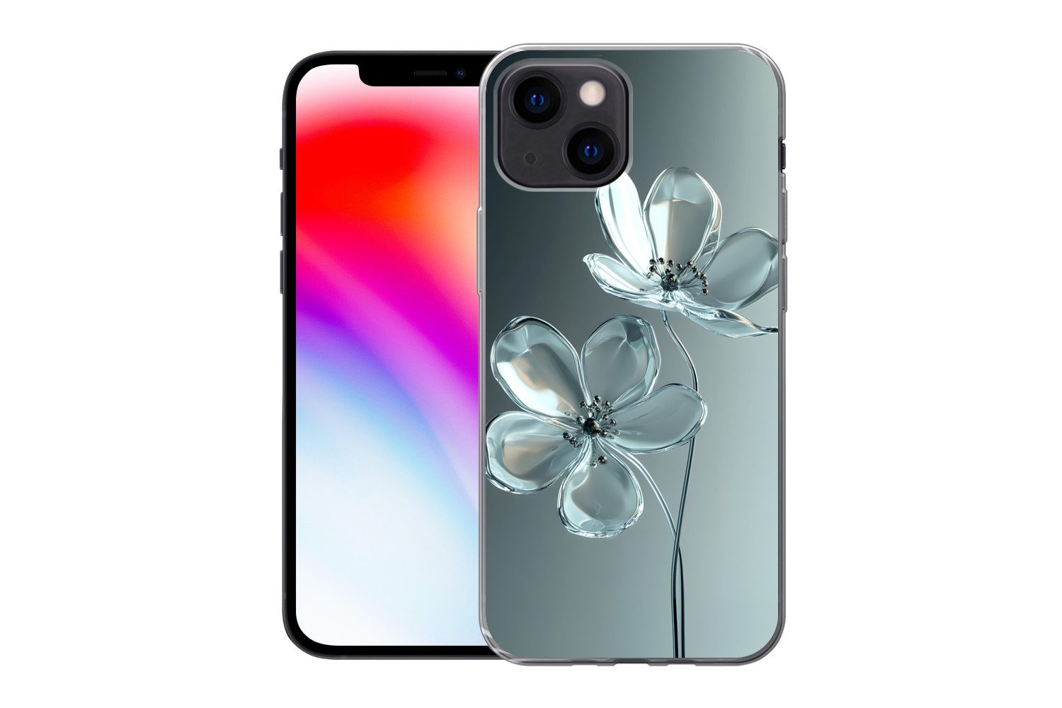 MuchoWow Handyhülle für Apple iPhone 13 mini Kristall - Blumen - Grau, Smartphone-Bumper, Print, Handy Schutzhülle Dünn