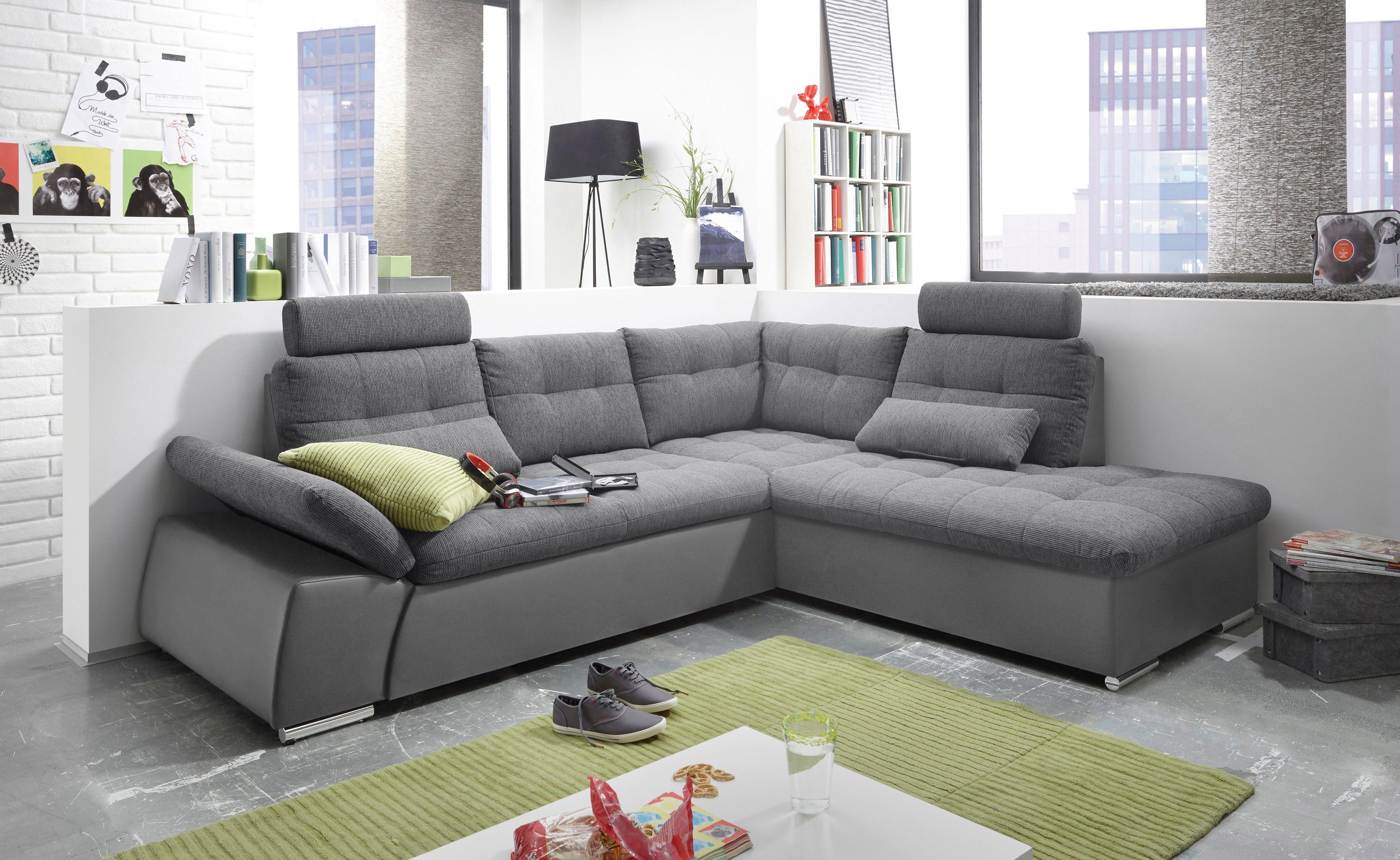 ED EXCITING DESIGN Ecksofa Jakarta L-Form, mit Bettfunktion, Armteilverstellung, Kopfstützen & 2 Nierenkissen