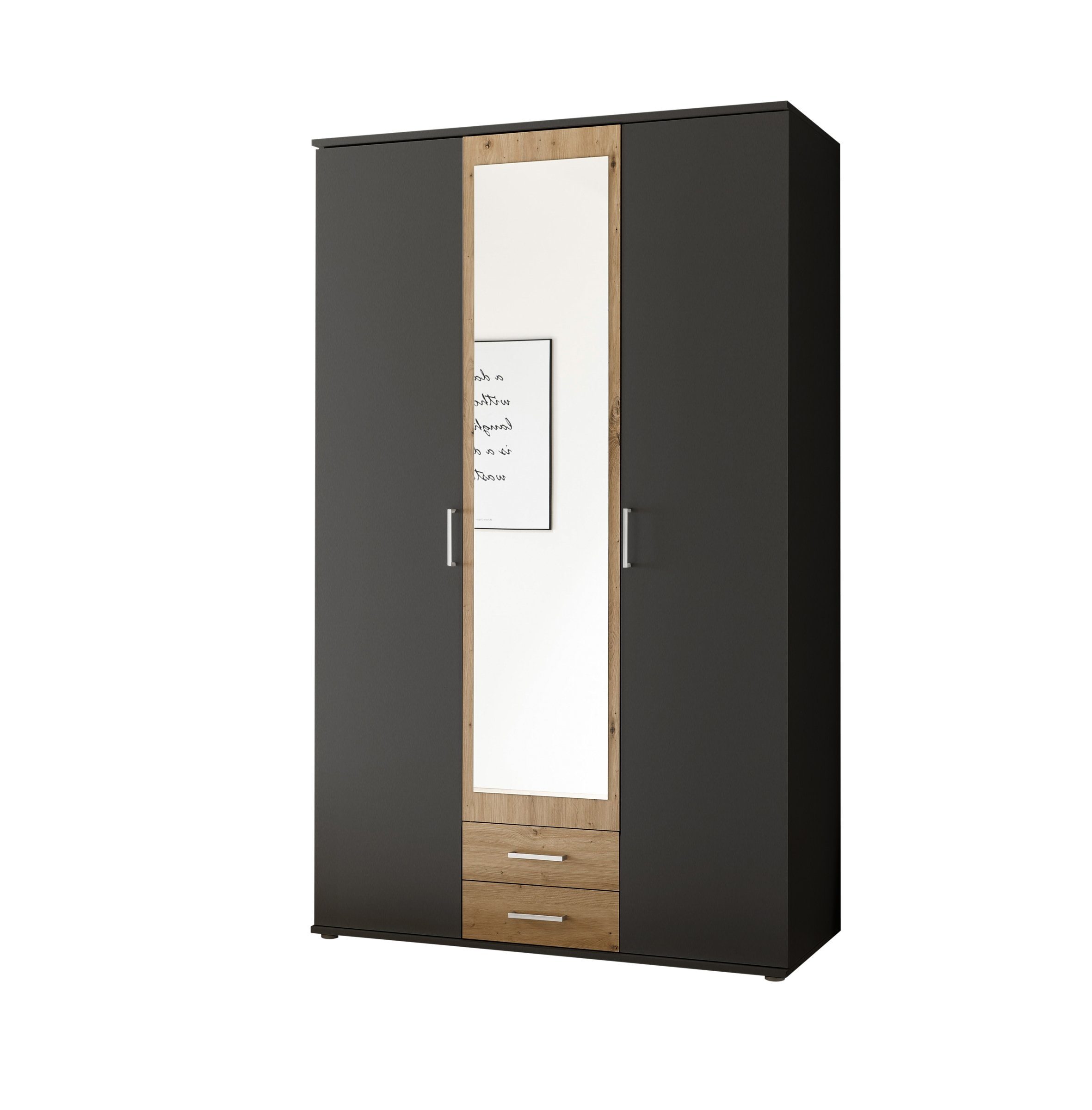 möbelando Kleiderschrank Hanau (BxHxT: 120x196x54 cm) in Graphit / Artisan Eiche mit 2 Schubladen und 3 Türen