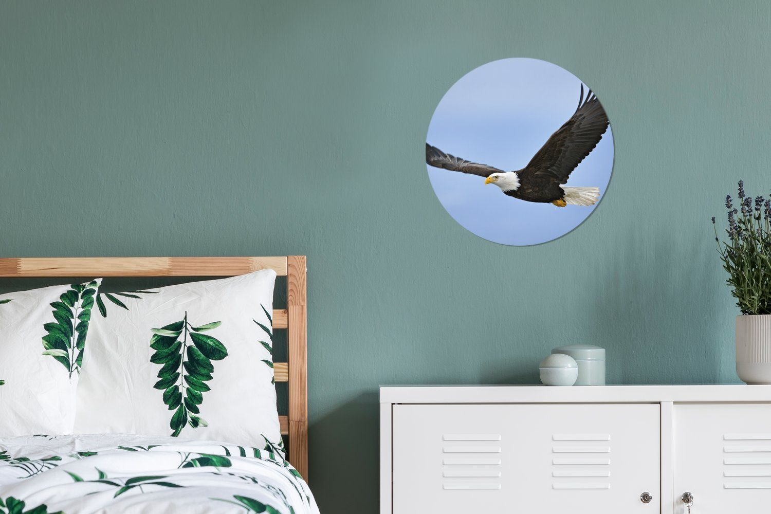 Wohnzimmer, 30x30 Gemälde Ein St), MuchoWow (1 Wandbild, Weißkopfseeadler, Rundes cm Forex, Kreis Wanddekoration fliegender