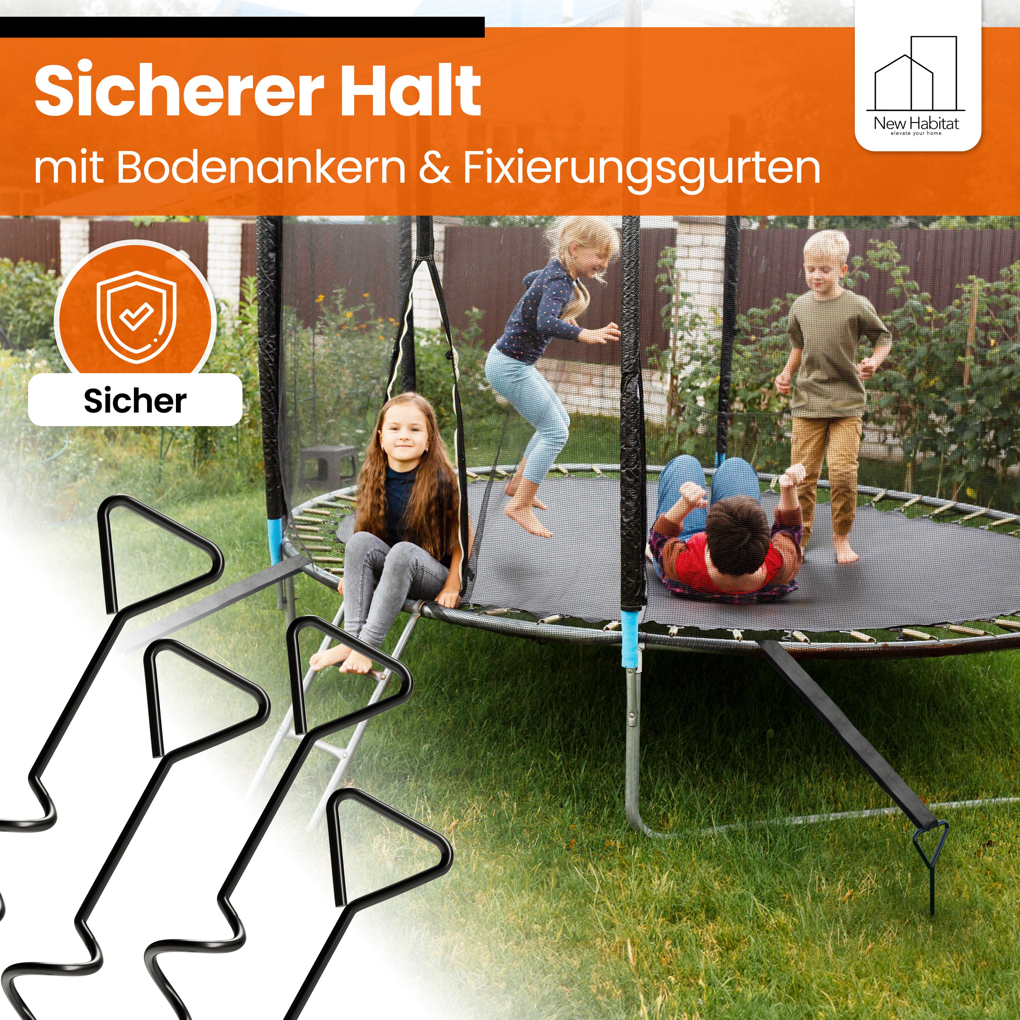 NewHabitat Bodenanker Erdanker zum Eindrehen, 38cm, für Trampolin-Sicherung I inkl Gurte, für Trampolin, Schaukel, Pavillion, Festzelt uvm., zum Eindrehen, (Kompletteset, 4-St., inkl. Drehhilfe), Einfaches Eindrehen mit Drehhilfe