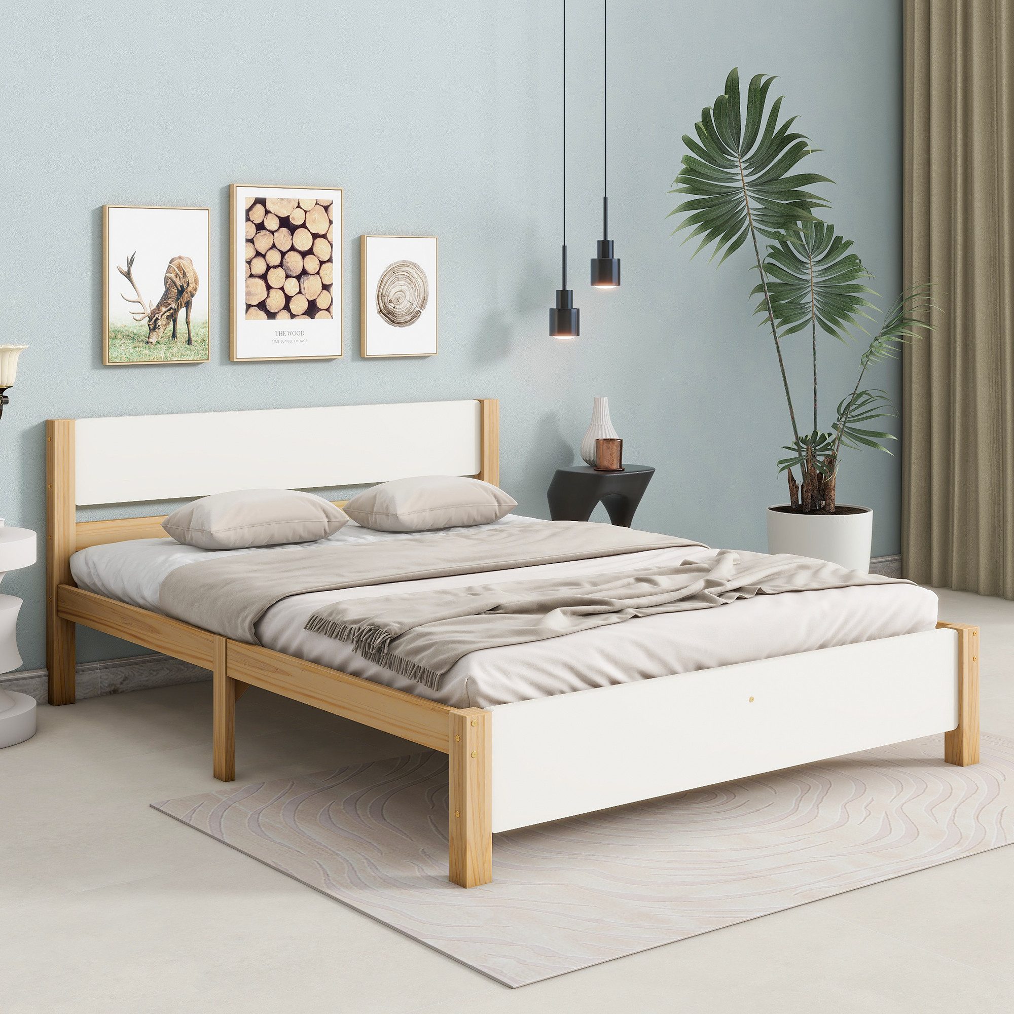 STILVORA Holzbett mit Fußteil,140x200Jugendbett Erwachsenenbett mit Kopfteil,Weiß&Natur (140x200cm, Kiefernholzrahmen mit Mittelfuß, mit Kopf- und Fußteil aus MDF), ohne Matratze