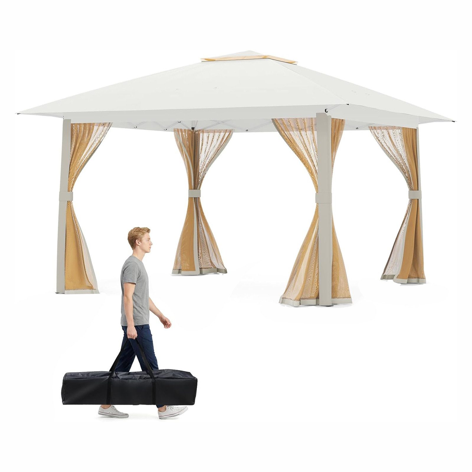 KOMFOTTEU Faltpavillon, Gartenpavillon mit Doppeldach, 4 abnehmbaren Moskitonetzen
