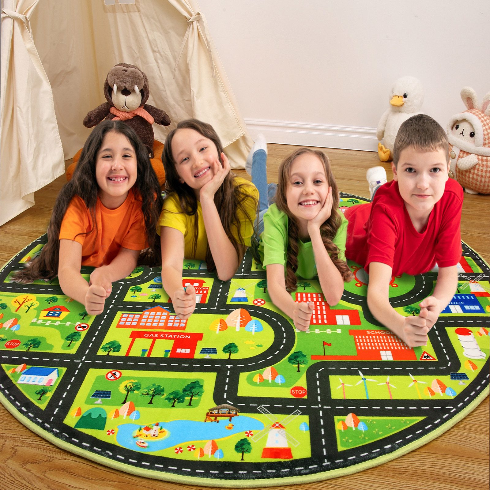 GarveeMore Kinderteppich Spielmatte Teppich, Designteppich, Lernteppich für Spielzeugautos, Rechteckigen,Runden, Für Kinderzimmer, Spielzimmer, Klassenzimmer oder Kindergarten