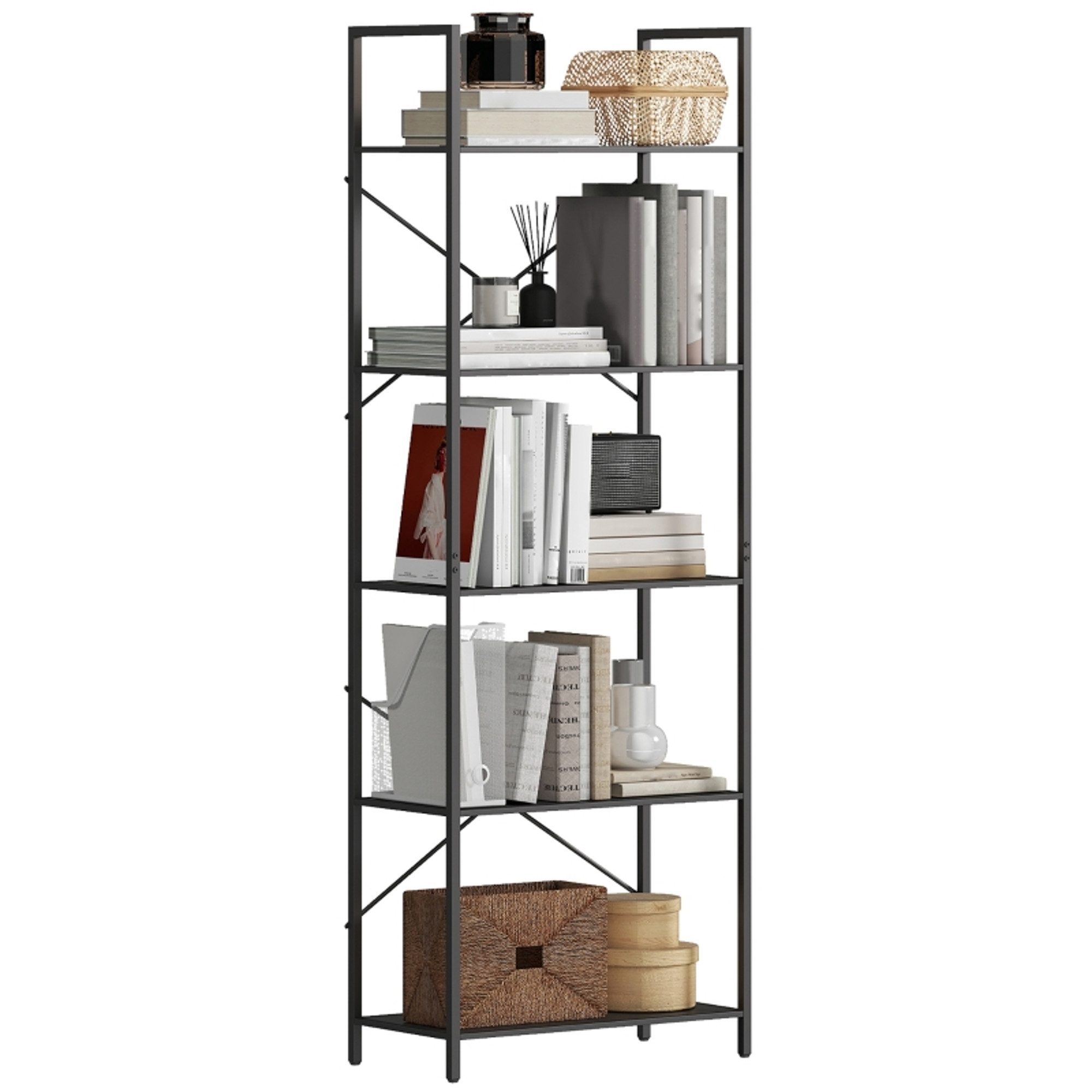 MC Star Bücherregal Standregal mit 5 Ebenen, Industrielles Büroregal mit Metallrahmen, offenes Aufbewahrungsregal für Wohnzimmer, Büro, Arbeitszimmer, 60x30x170,5 cm, Schwarz
