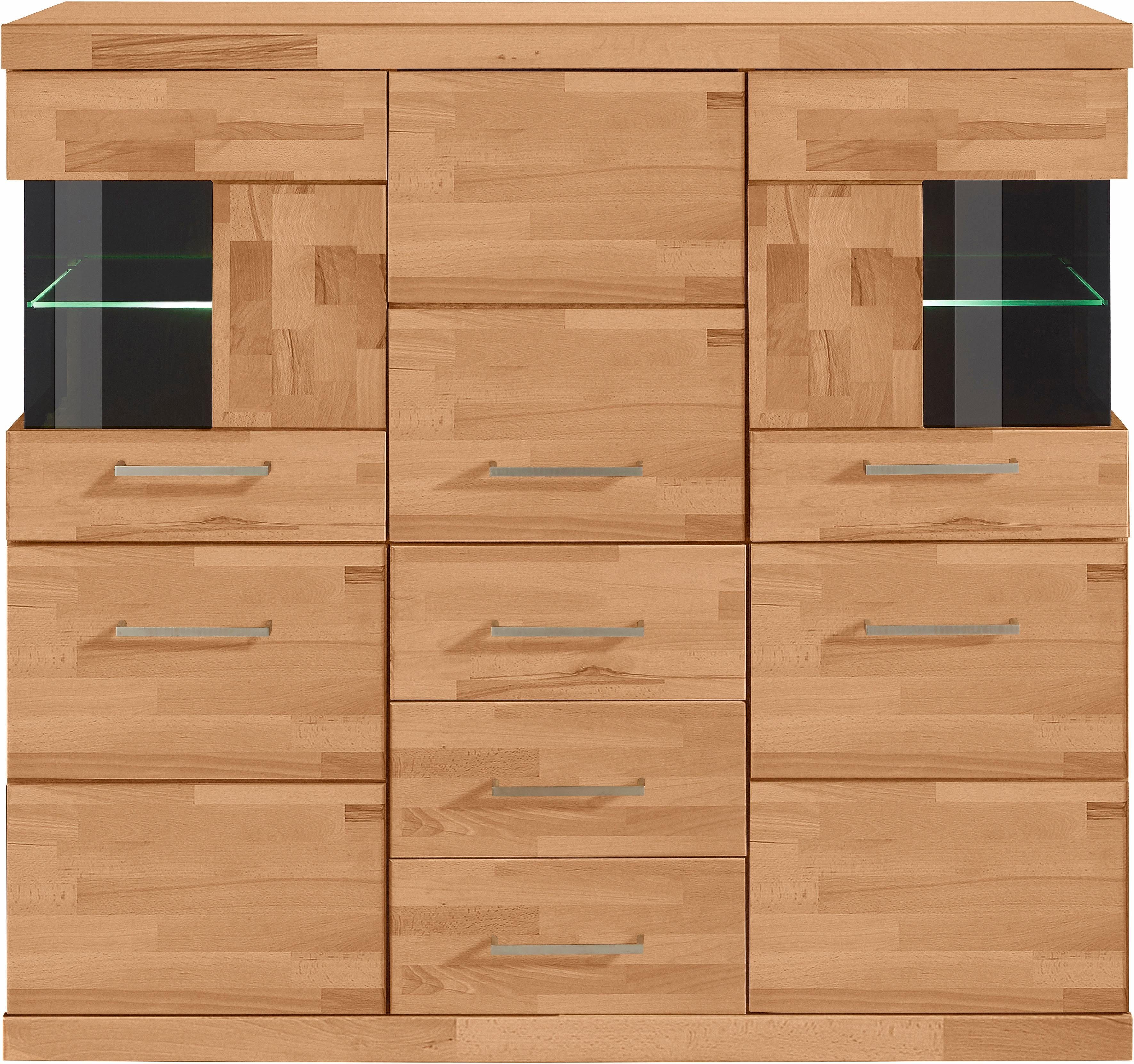 OTTO home Highboard Ribe,125cm breit,115cm hoch, Fronten Massivholz,5Türen,3 Schubladen, Holz massiv, Holzwerkstoff, Metall Griffe,10Fächer, Böden versetzbar