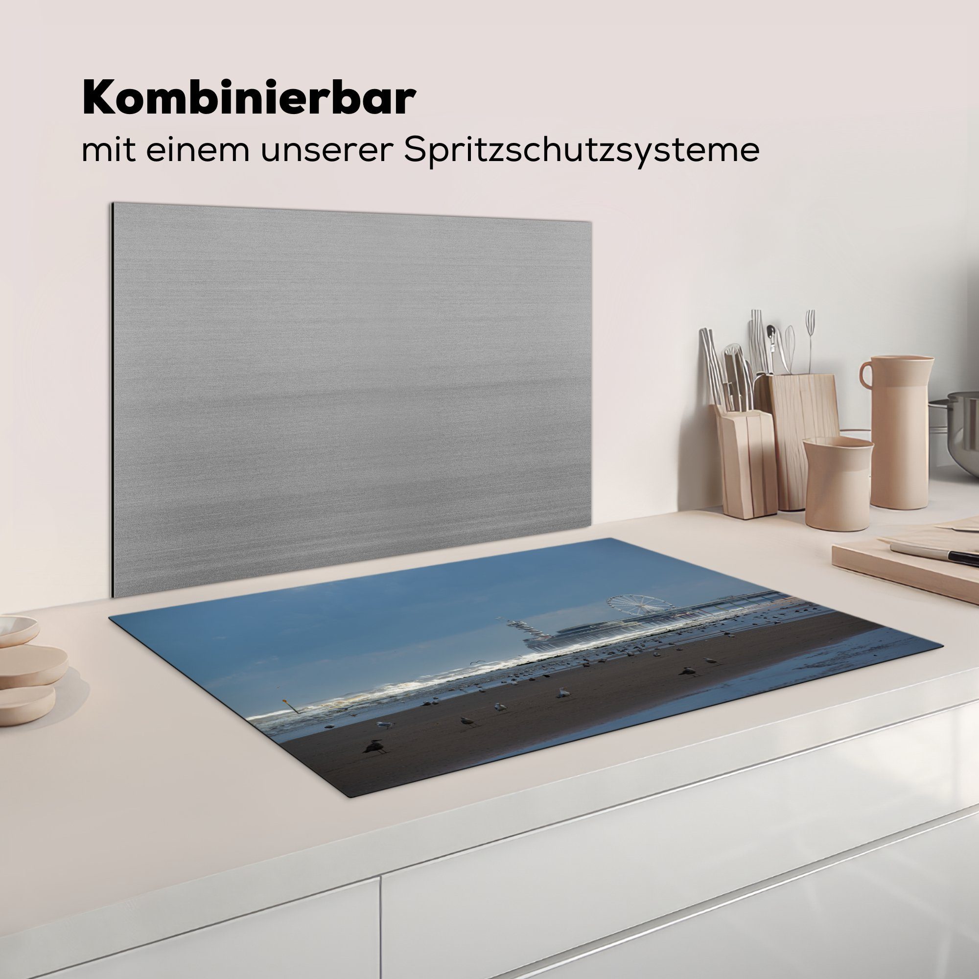 schöner Pier den küche, tlg), Herdblende-/Abdeckplatte Ceranfeldabdeckung auf (1 81x52 MuchoWow cm, die Schutz Scheveningen, Induktionskochfeld für Vinyl, Ein von Blick