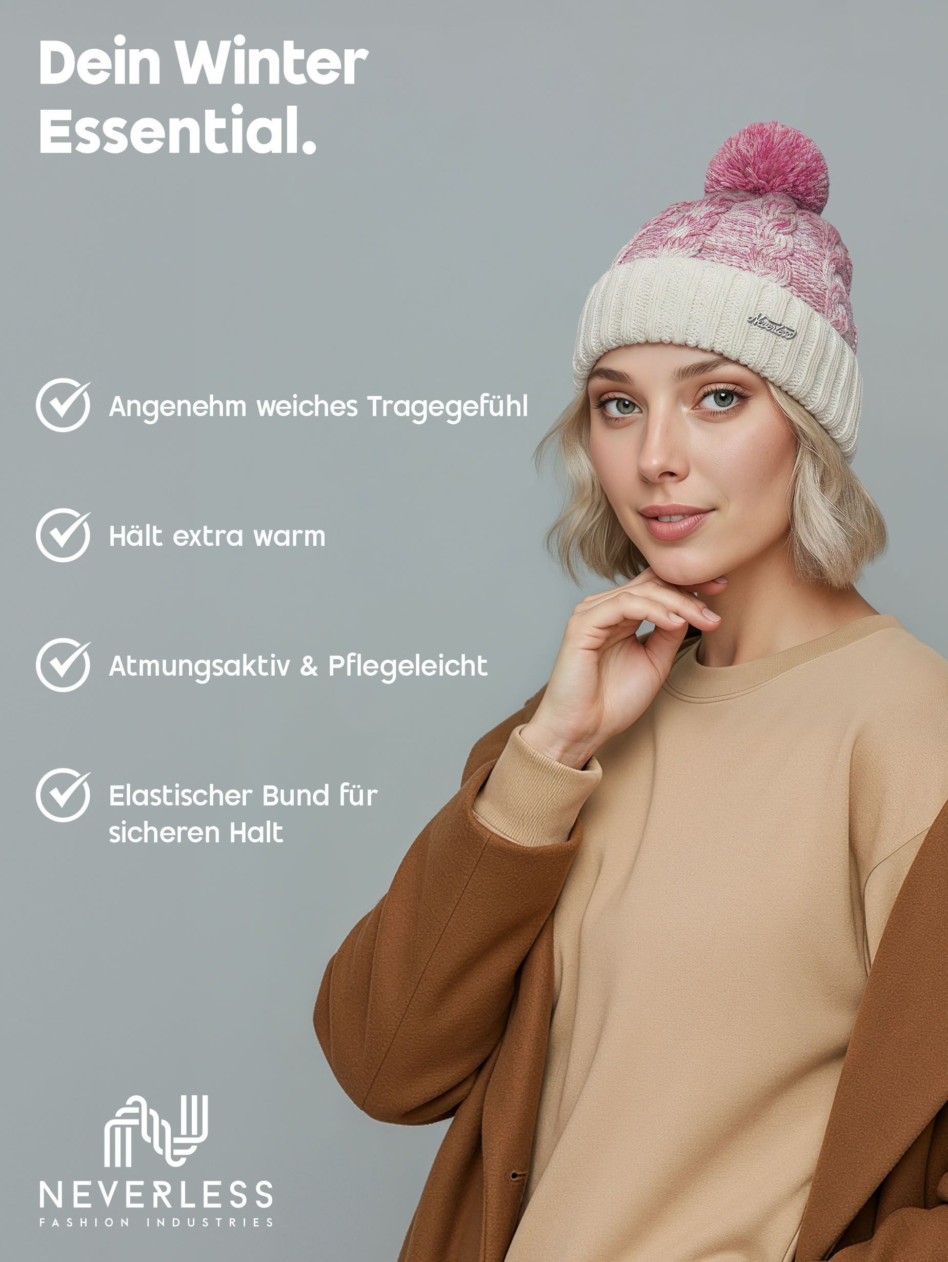 Neverless Bommelmütze Strickmütze Damen Grobstrick Pudelmütze zweifarbig Ombré Bommelmütze