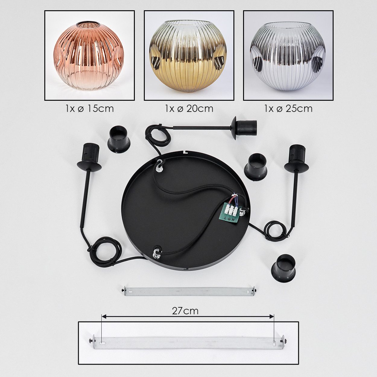 hofstein Hängeleuchte Hängelampe Metall/Riffelglas in Schwarz/Gold/Kupfer/Chrom/Rauch/Klar, Hängeleuchte im modernen Retro/Vintage-Design (15; 20; 25 cm),3xE27
