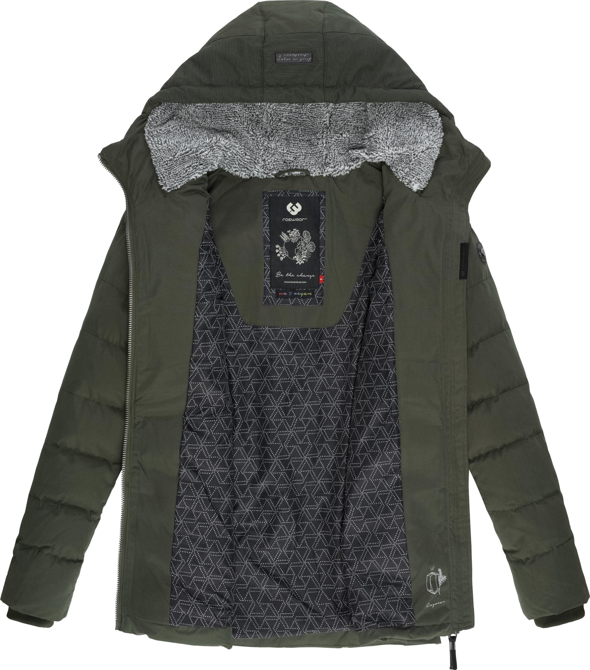 Winterjacke Quantic olivgrün Steppjacke Ragwear mit Teddyfell-Kapuze stylische