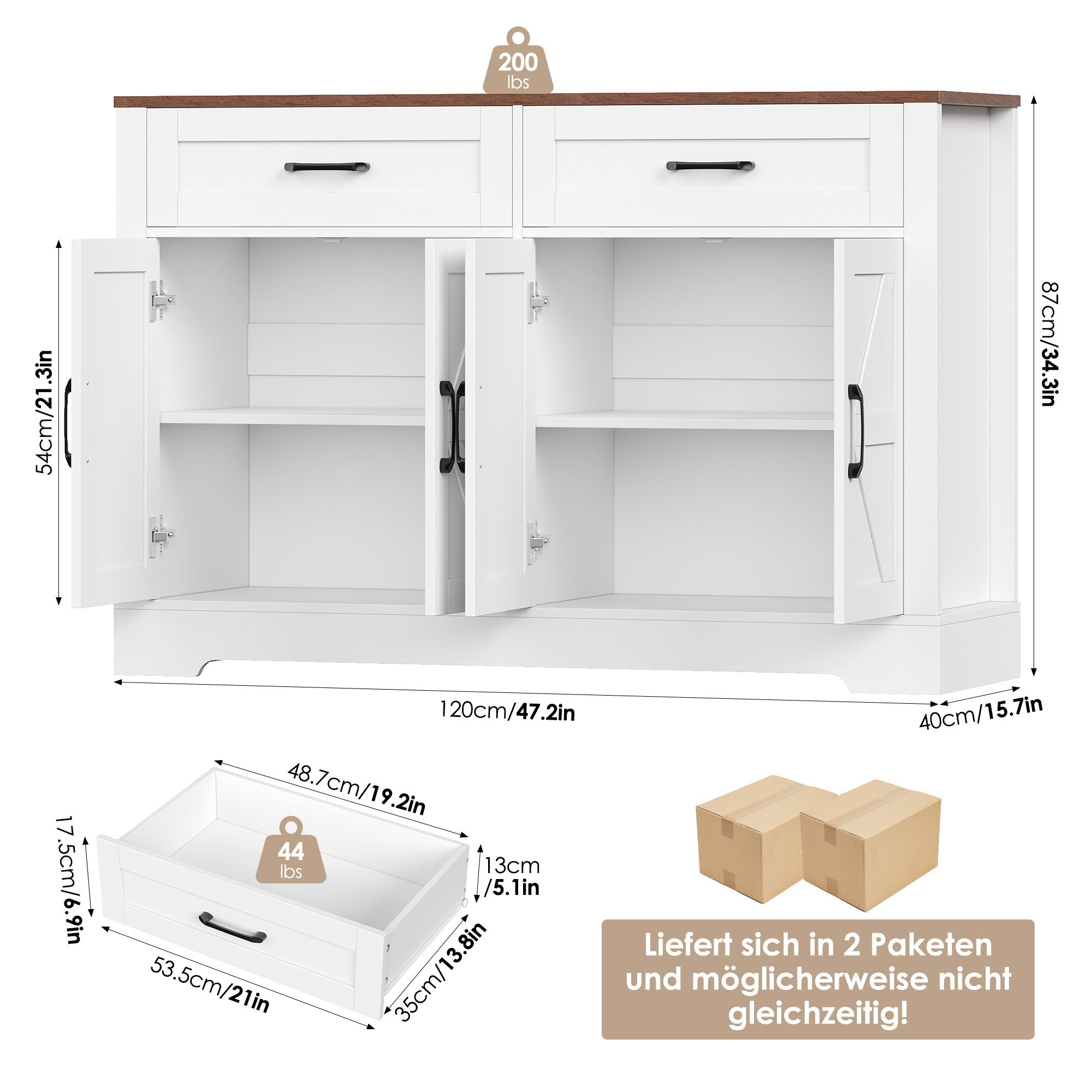 HOMECHO Buffet 120cm Küchenschrank mit 2 Schubladen 4 Türen