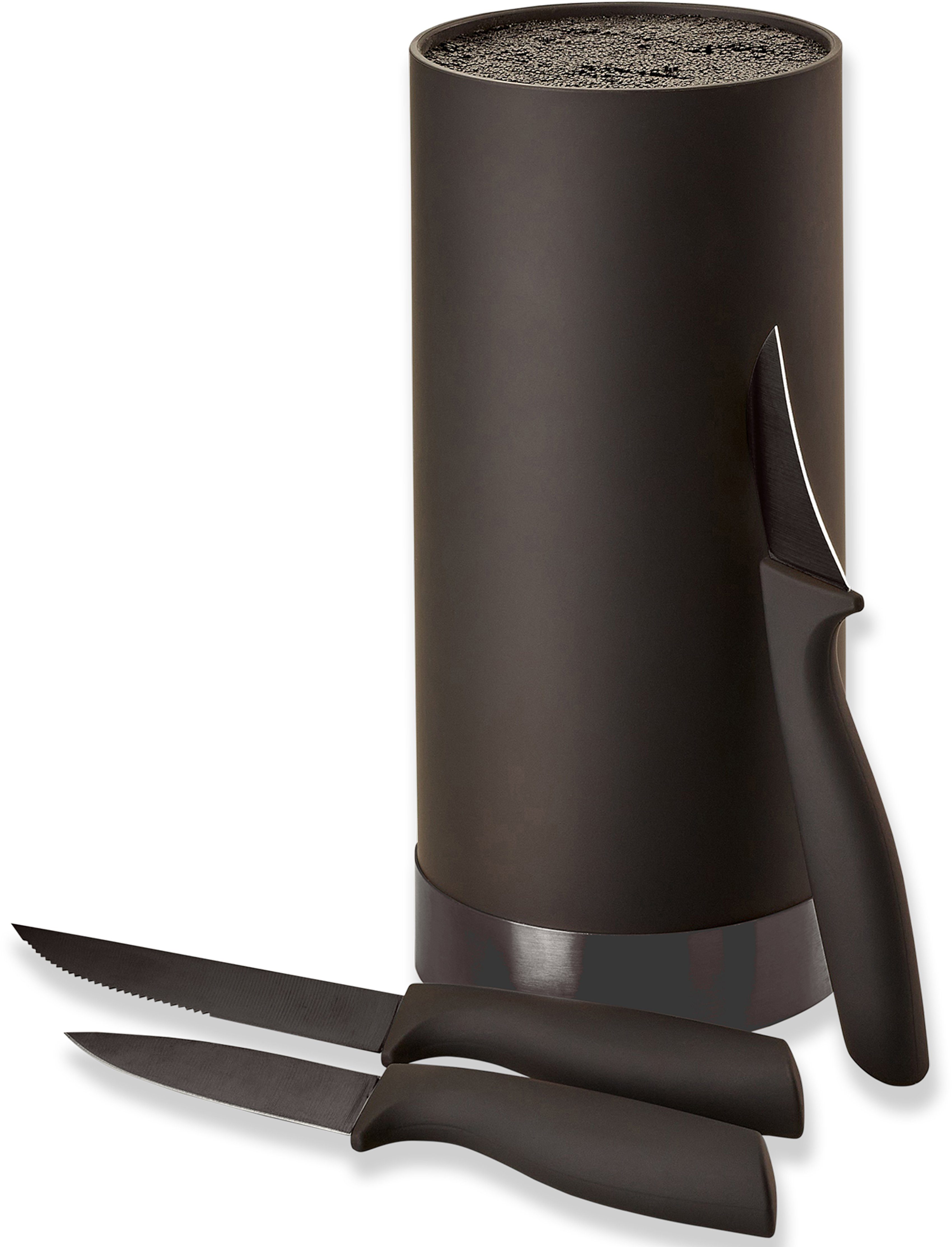 ECHTWERK Messerblock Black Edition, Messer Set 4tlg mit Borsteneinsatz 11 cm x 22 cm, inkl. 3 Kochmessern Schwarz