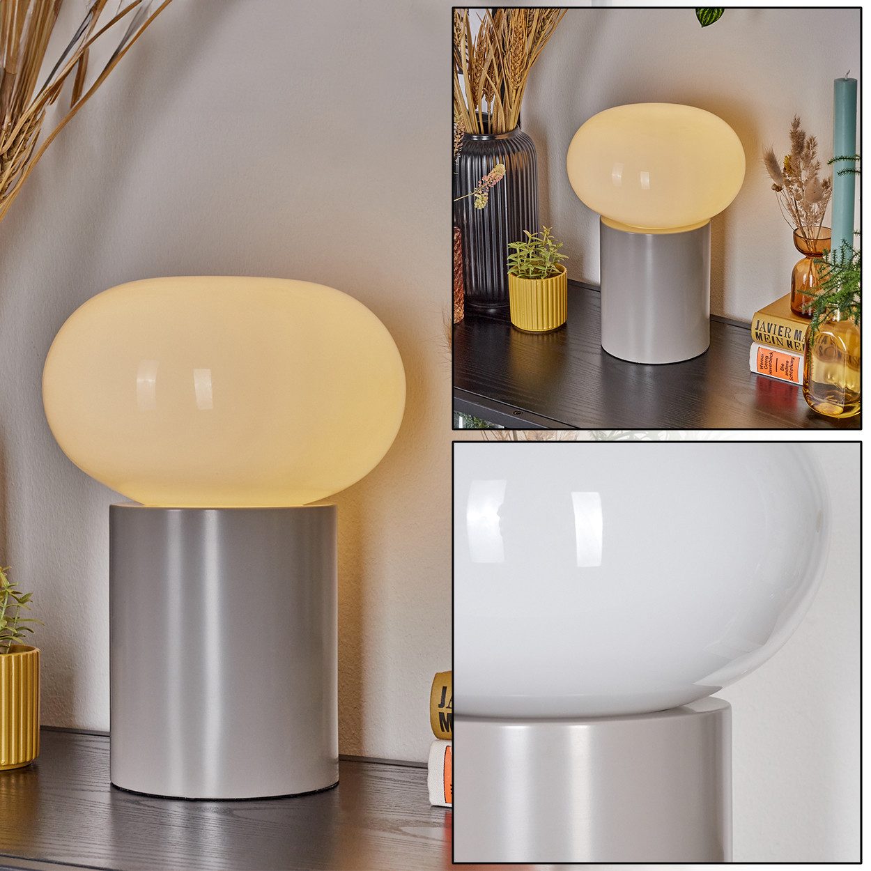 hofstein Tischleuchte moderne Nachttischlampe aus Metall/Glas in Taupe/Weiß, ohne Leuchtmittel, Tischlampe, Ø 20cm, mit An-/Ausschalter, 1xE27, ohne Leuchtmittel