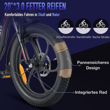 fafrees E-Bike F20 FALTEN mit Freie Luftpumpe, 7 Gang, Heckmotor, 20"*3,0 Räder mit Anti-Rutsch-Reifen maximale Reichweite 130 km