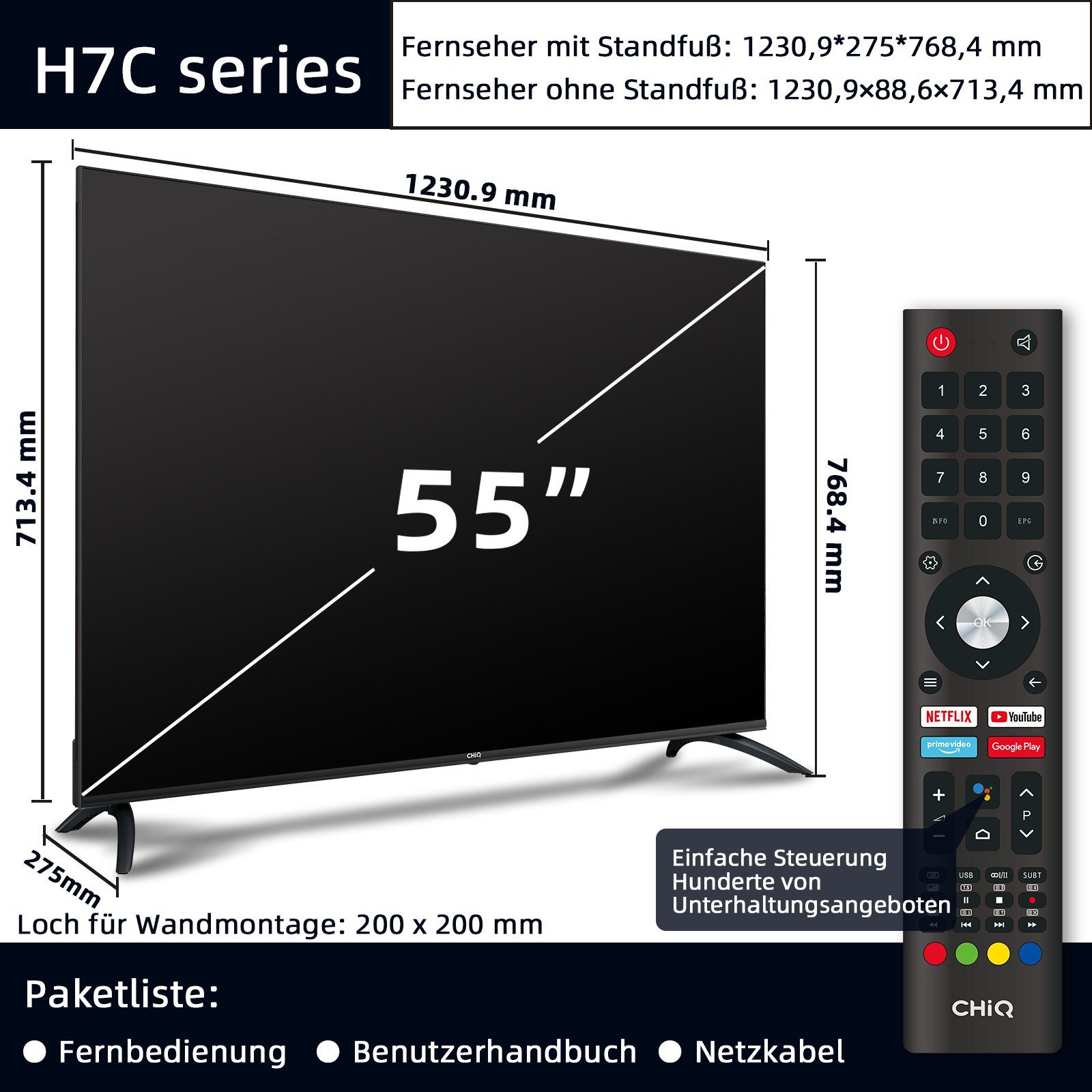 CHiQ U55H7C LED-Fernseher (139,00 cm/55 Zoll, 4K Ultra HD, Smart-TV, Google  Assistant, Netflix, Dolby Vision, Triple tuner (DVB-T2/T/C/S2)
