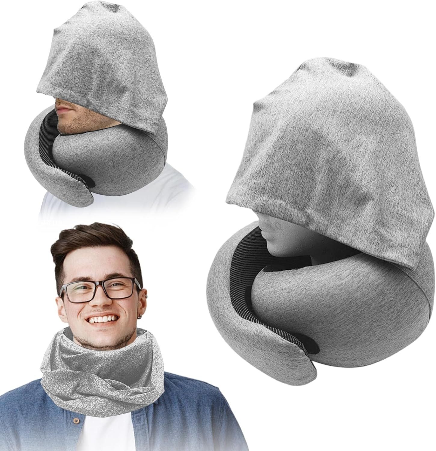 FELIXLEO Reisekissen Подушки для шеи Flugzeug, Memory Foam Reisekissen mit Kapuze, Hellgrau, 1-tlg.