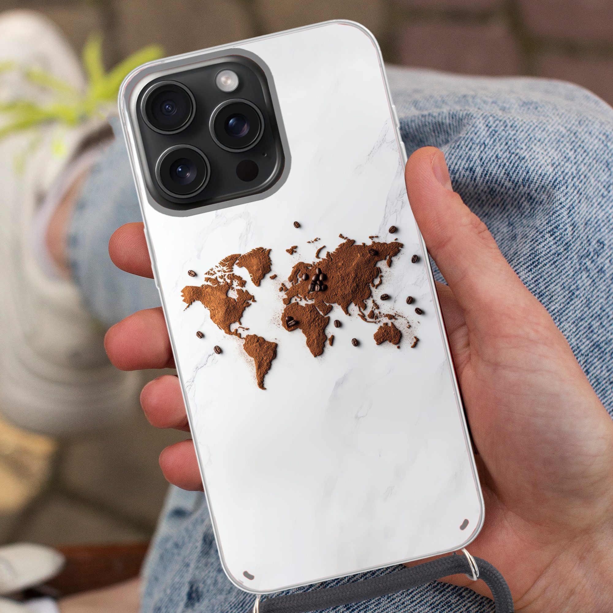 MuchoWow Handyhülle für Apple iPhone 15 Pro Max Weltkarte - Kaffee - Marmor, Tragbare Handyhüllen mit Kette zum umhängen, Handykette Handyband