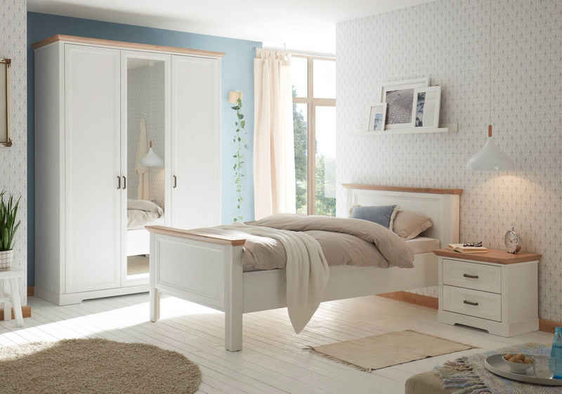 Schlafkontor Komplettschlafzimmer Singlezimmer JASMIN 3-teilig Schlafzimmerset Pinie weiß Nachbildung, (Komplett-Set, 3-St., Kleiderschrank, Einzelbett, Kommode)
