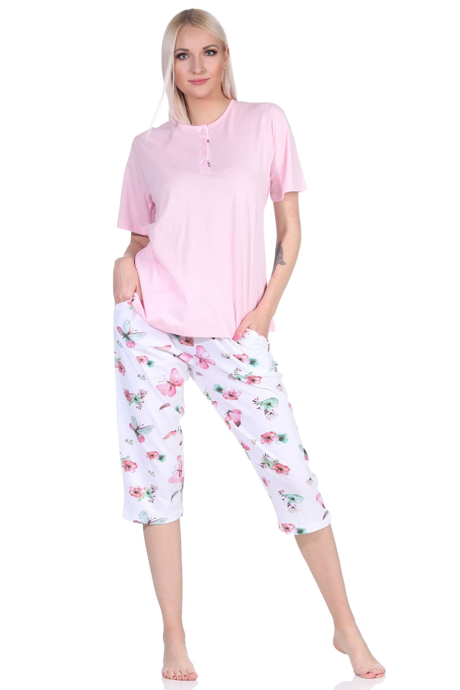 Normann Pyjama Damen Capri Schlafanzug kurzarm Pyjama mit Caprihose rosa