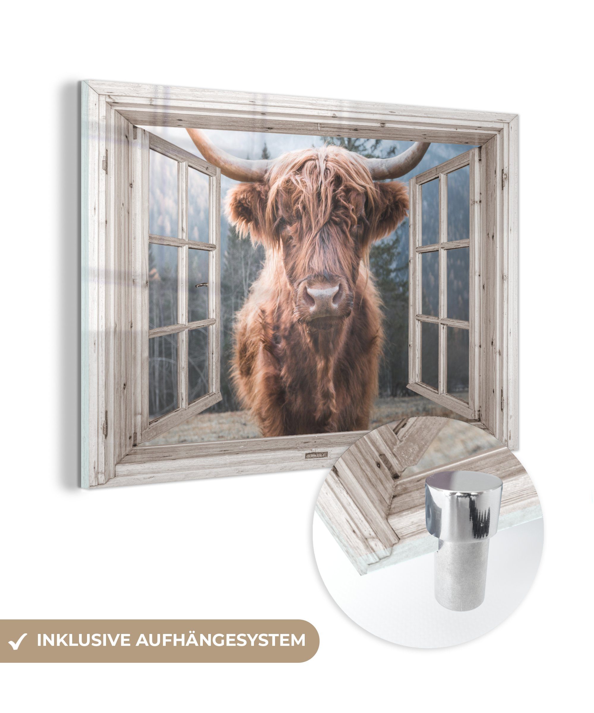 MuchoWow Acrylglasbild Schottischer Highlander - Kuh - Berg - Aussicht, (1 St), Glasbilder - Bilder auf Glas Wandbild - Foto auf Glas - Wanddekoration