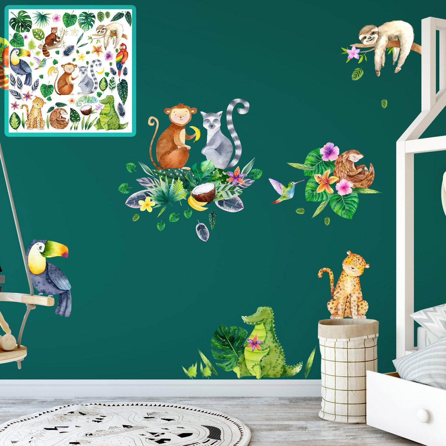 Sunnywall Wandtattoo XXL Wandtattoo Dschungel tropisch Set verschiedene Motive Kinderzimmer Aufkleber bunt Wanddeko jungle