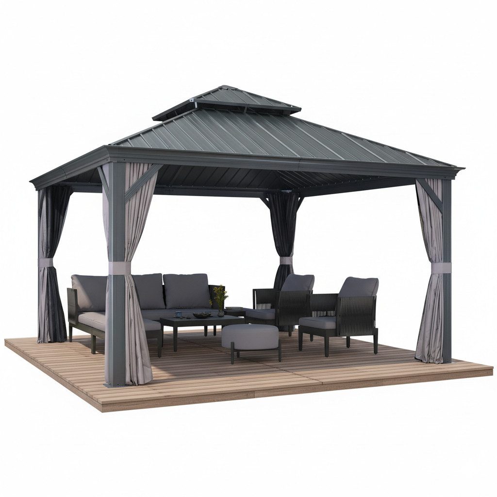 PURPLE LEAF Pavillon Gartenpavillon mit Stahldach, Hardtop Gazebo mit Seitenteile, Wasserdicht Stabil Winterfest, Grau