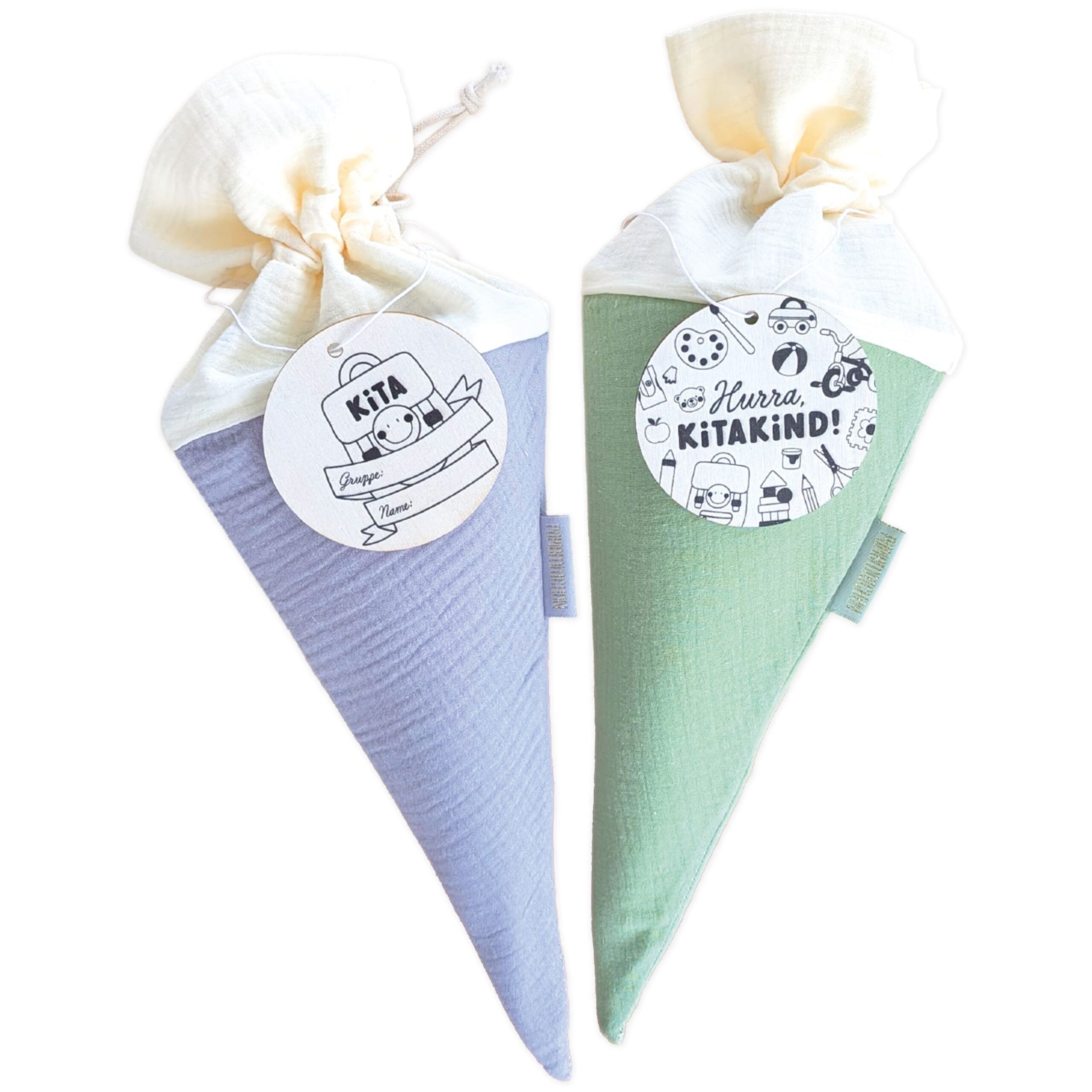 PAPIERDRACHEN Schultüte 2 Kitatüten Musselin Blau und Mint mit Holzanhänger, Schulanfang
