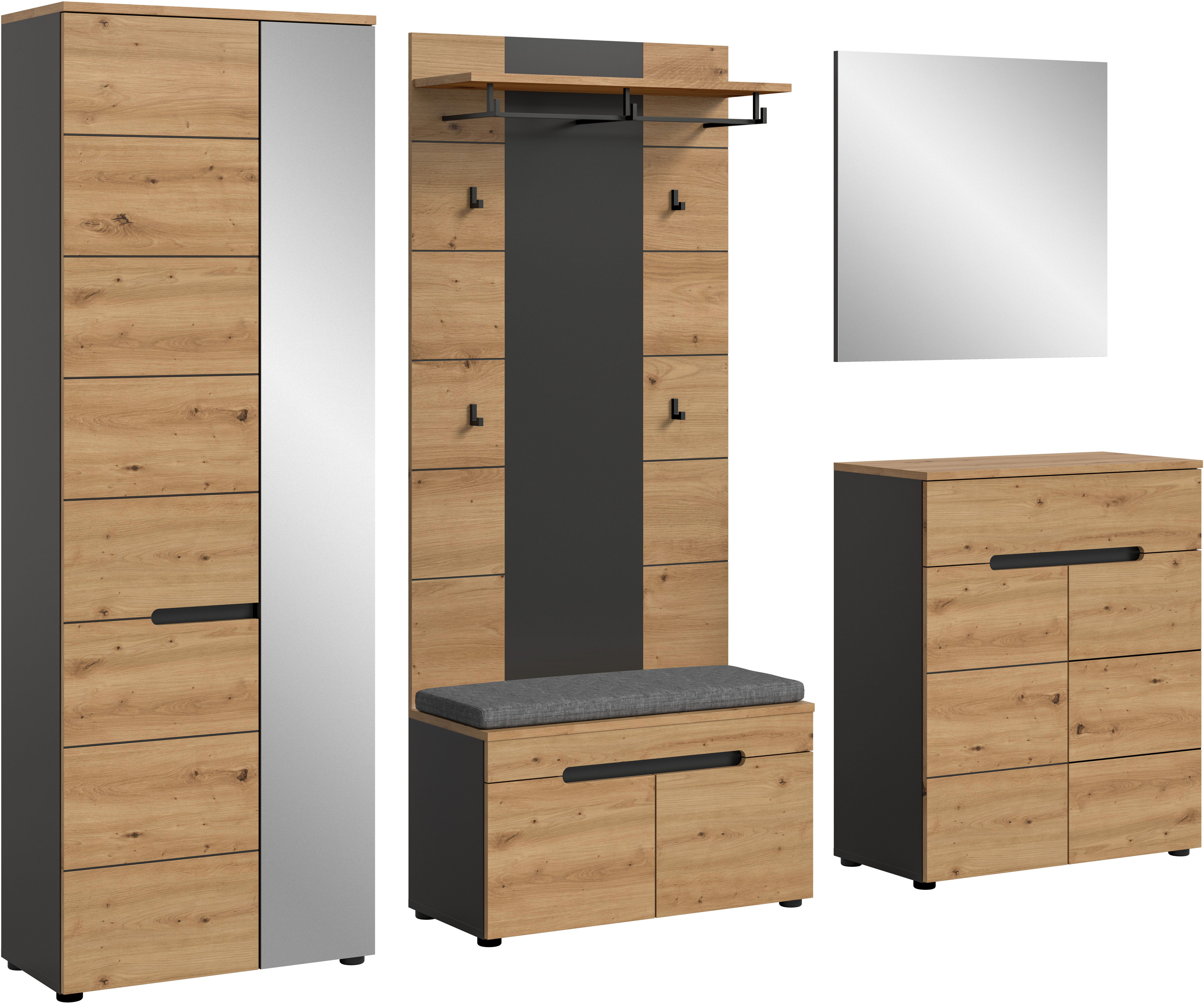 Home affaire REHAT, TOPSELLER!, 5-teilig, Breite 255 cm, individuell erweiterbar, (Set, 6-St., bestehend aus: Schrank, Sitzbank, Sitzkissen, Paneel, Spiegel, Kommode), Garderobenkombination, Kombination, Set, Flurgarderobe, Diele