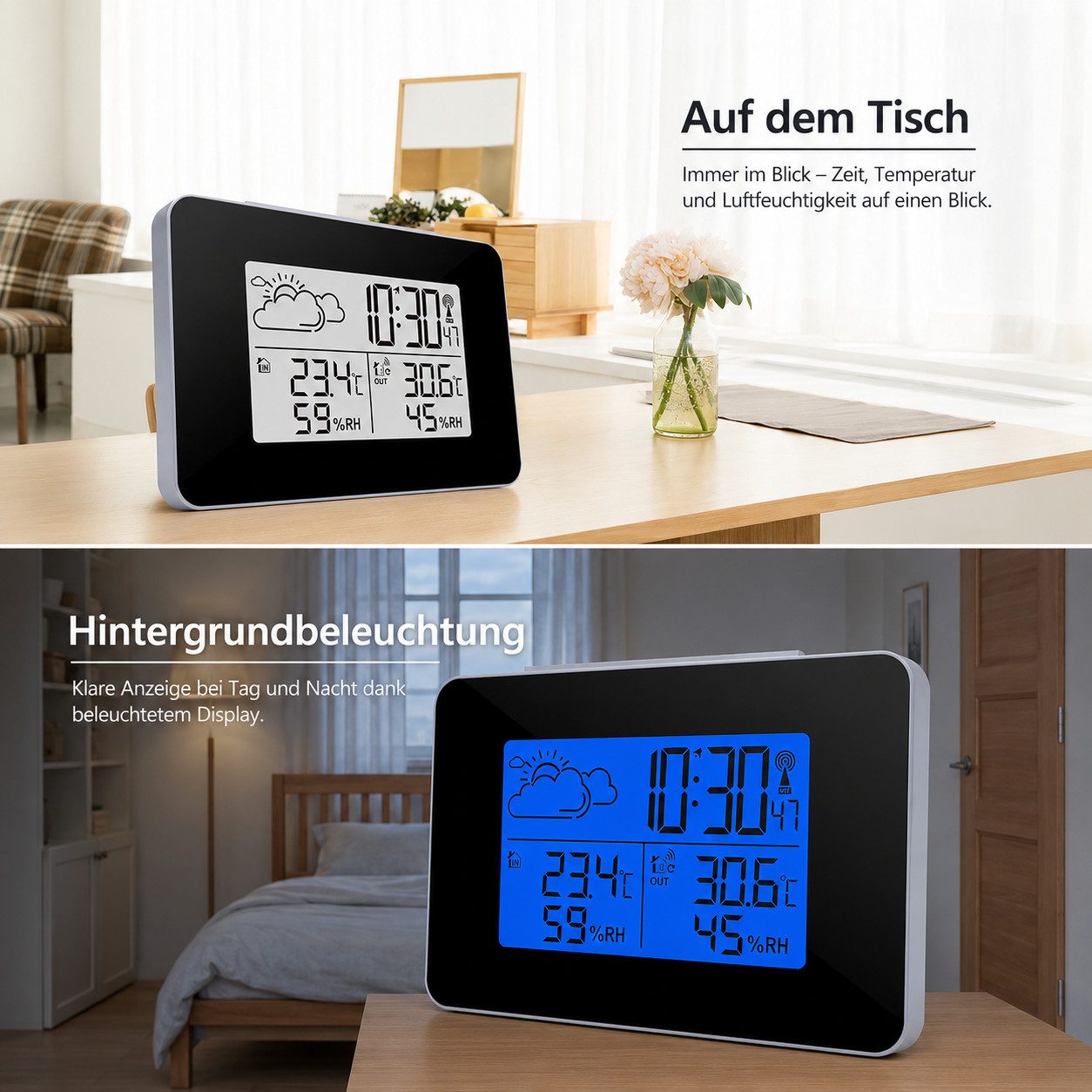 BlingBin mit Außensensor, Wetterstation kabellos mit Wettervorhersage Funkwetterstation (mit Außensensor, Funkuhr Wetterstation mit Thermometer, Hygrometer, Funkuhr und Wecker)